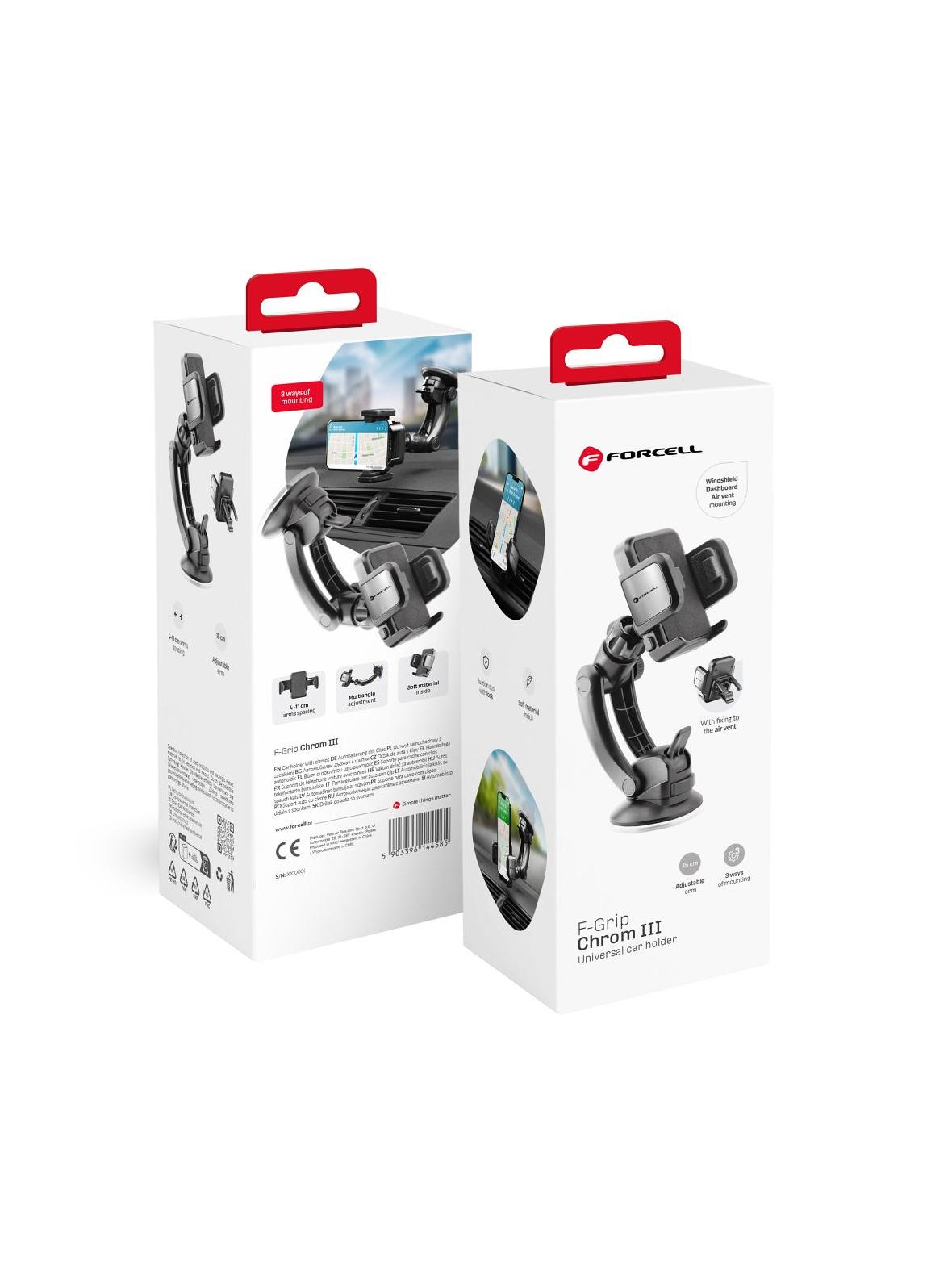 Uchwyt na telefon do samochodu uniwersalny Forcell F-Grip Chrom III 15 cm do szyby / deski / kratki czarny