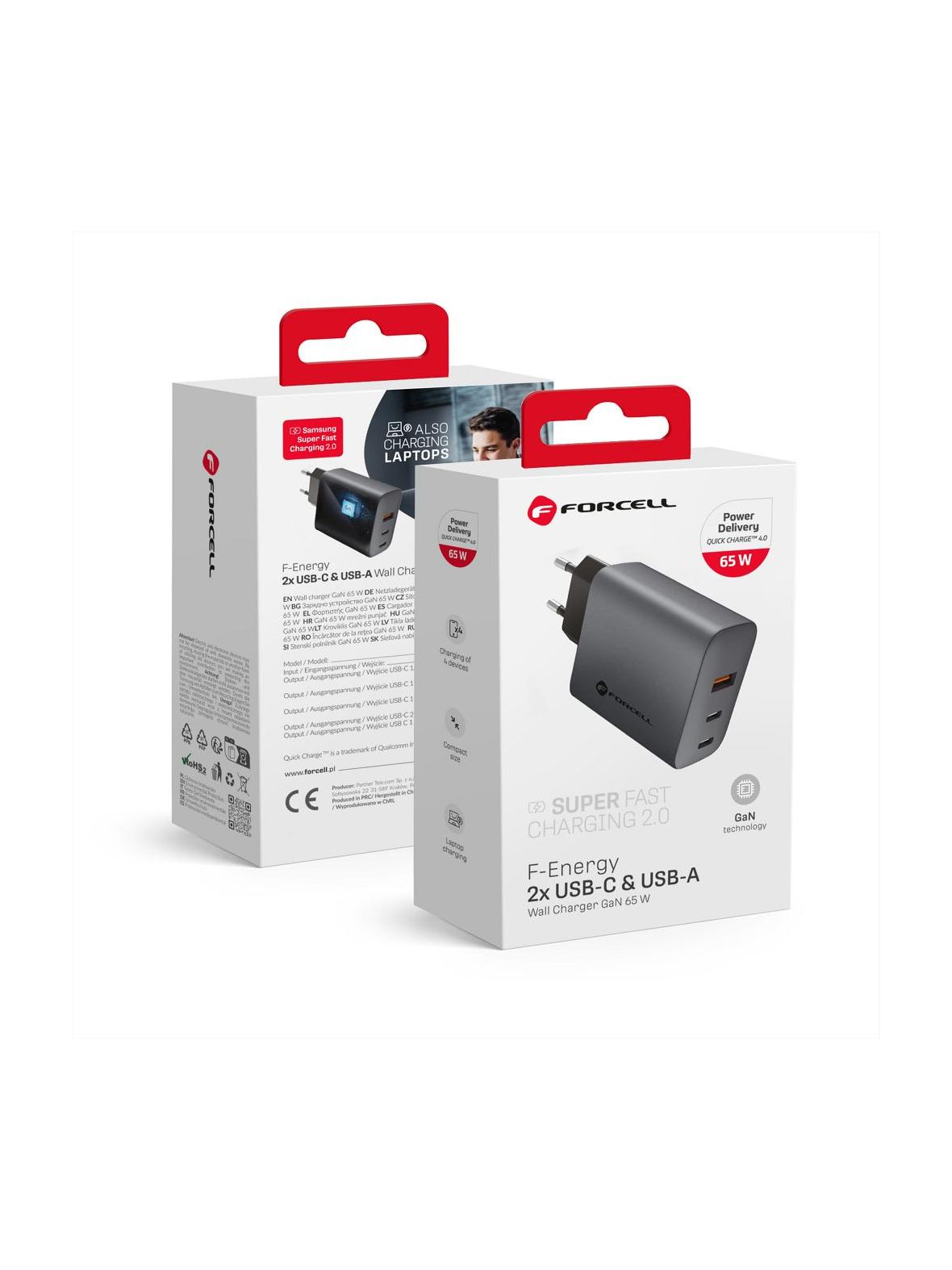 Ładowarka sieciowa do telefonu Forcell F-Energy GaN 2 x USB C + USB A QC4.0 PD 4A 65W VT-42B szara