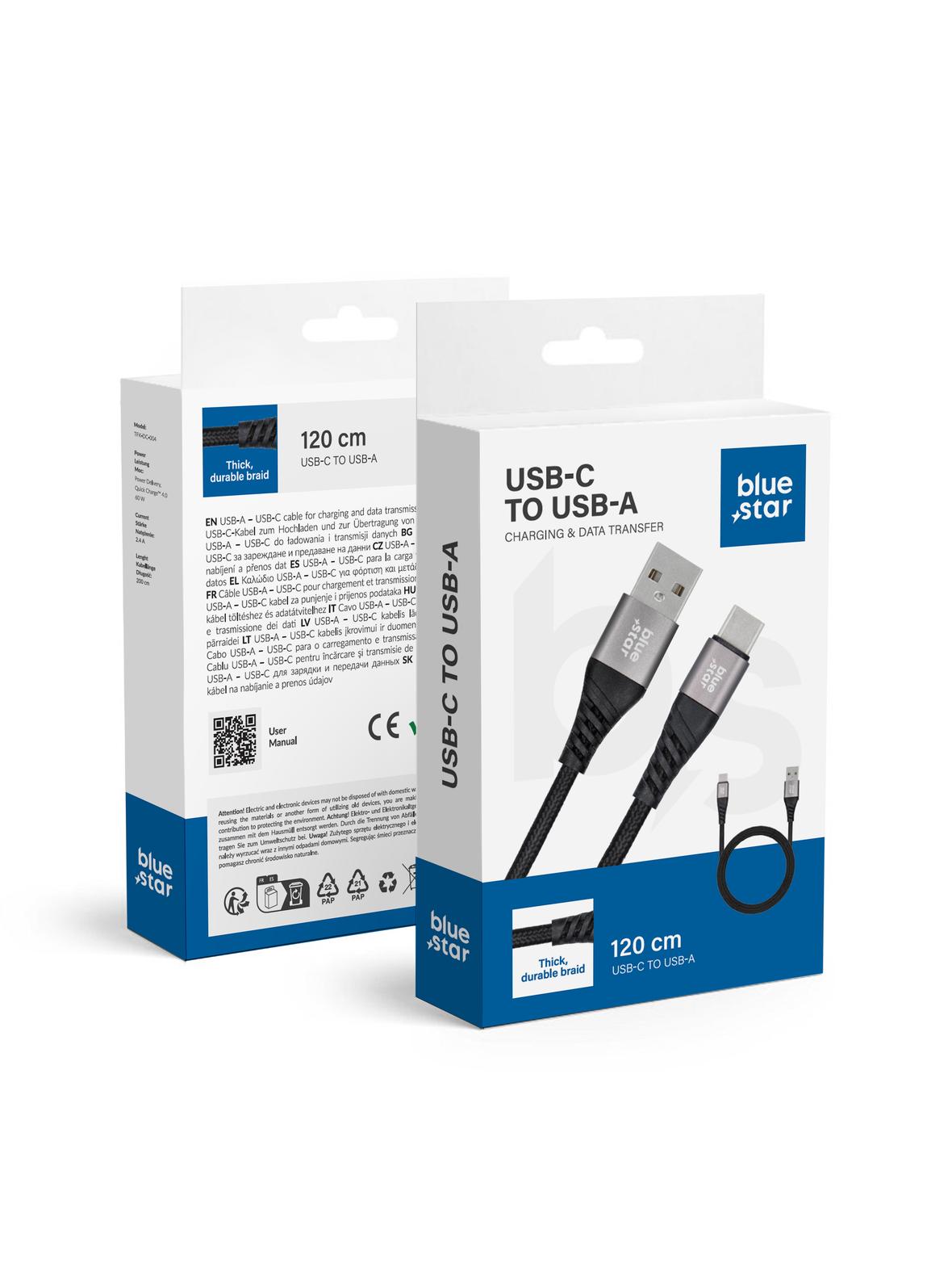 Kabel USB A do USB C Blue Star 3A 20W PD QC4.0 z oplotem 1,2 m TFK-DC-003 czarny