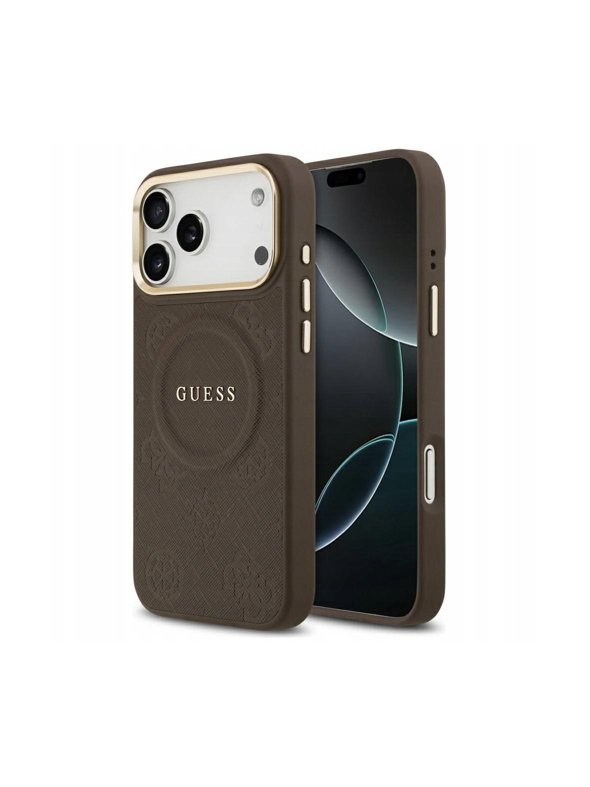 GUESS futerał do IPHONE 17 Pro Max kompatybilny z MagSafe GUHMP17XPSAMSECW (PU W/ Peony Hot Stamp) brązowy