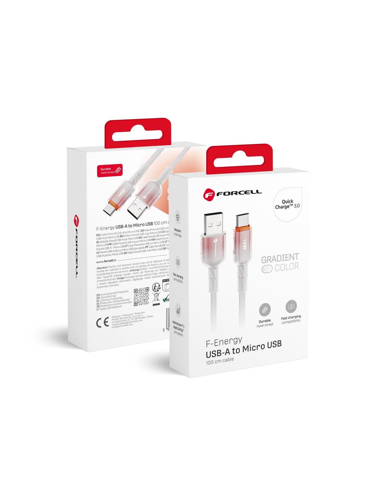 Kabel USB A do Micro USB Forcell F-Energy QC3.0 2,4A 18W Gradient 1 m C351 biały