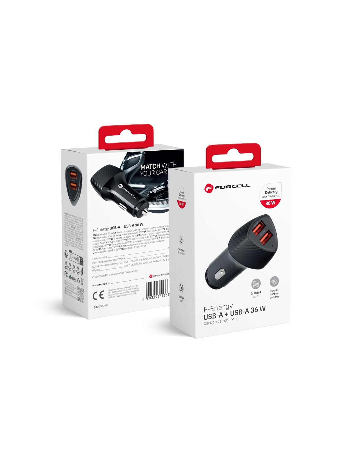 Ładowarka samochodowa Forcell F-Energy Carbon 2 x USB A QC3.0 3A 36W CC50-2A czarna