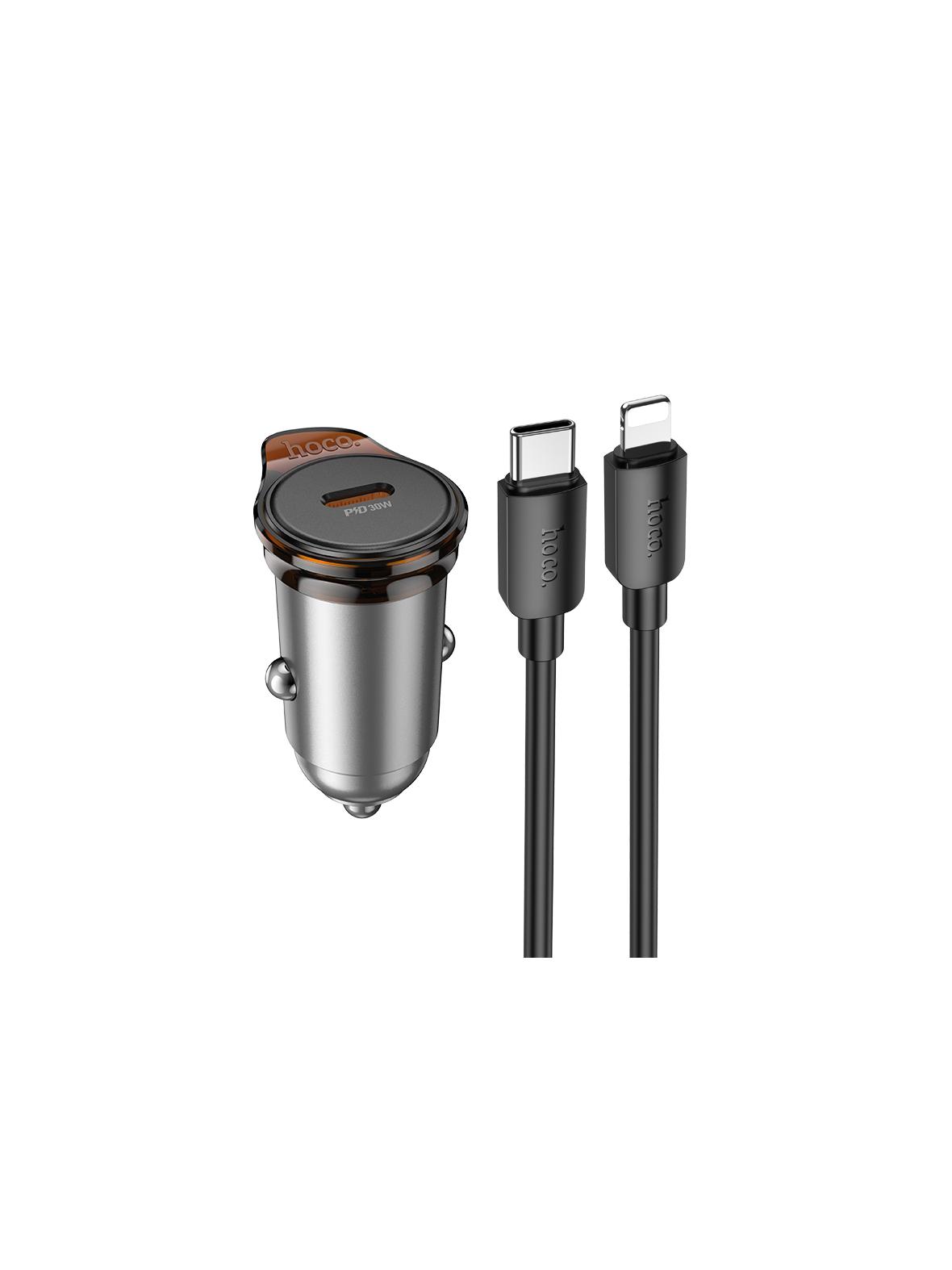 Ładowarka samochodowa Hoco USB C QC PD 30W + kabel USB C do Lightning NZ16 szara