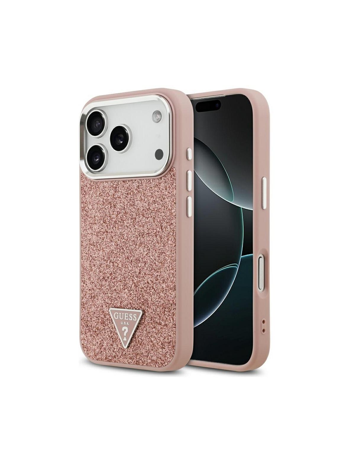GUESS futerał do IPHONE 17 Pro kompatybilny z MagSafe GUHMP17LPFGTSCMP (PU Glitter W/ Triangle Logo) różowy