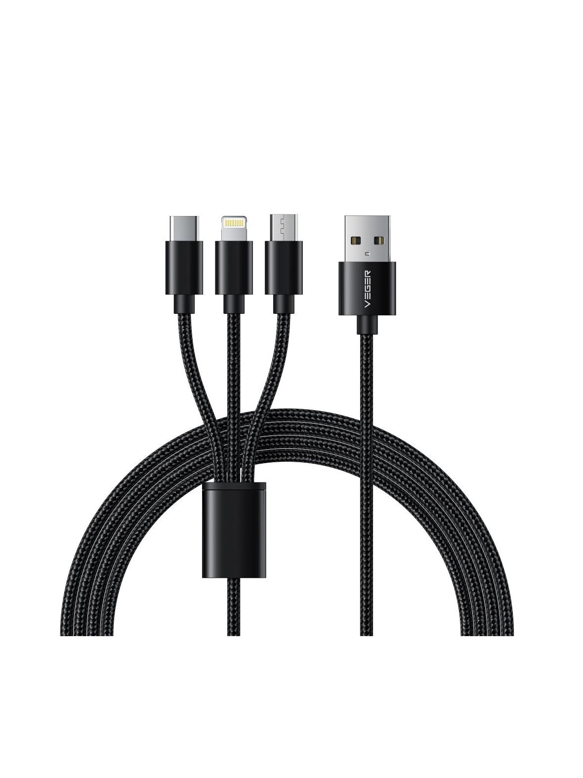 Kabel 3w1 USB A do Lightning / Typ C / Micro USB VEGER 2A 12W V303 1,2 m czarny