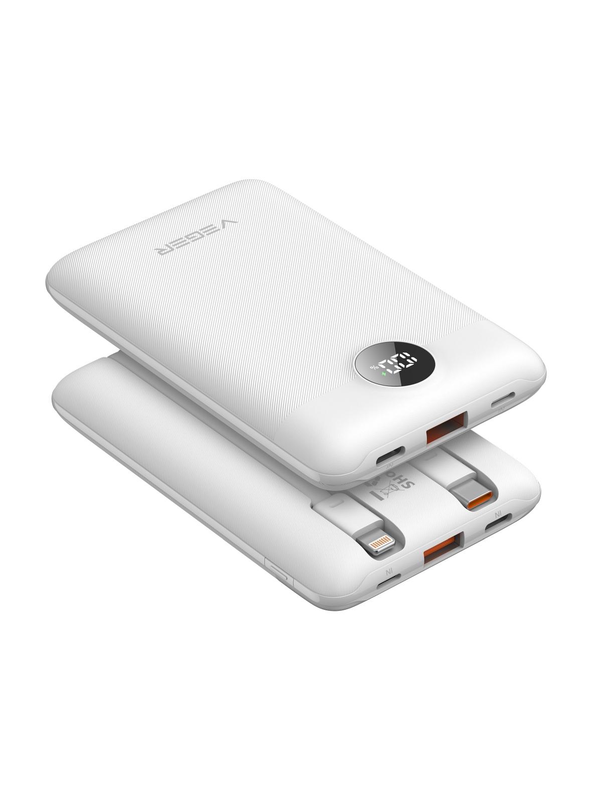 Powerbank Veger (W1170) PD QC3.0 2A 22,5W 10000 mAh z wbudowanymi kablami USB C / Lightning biały