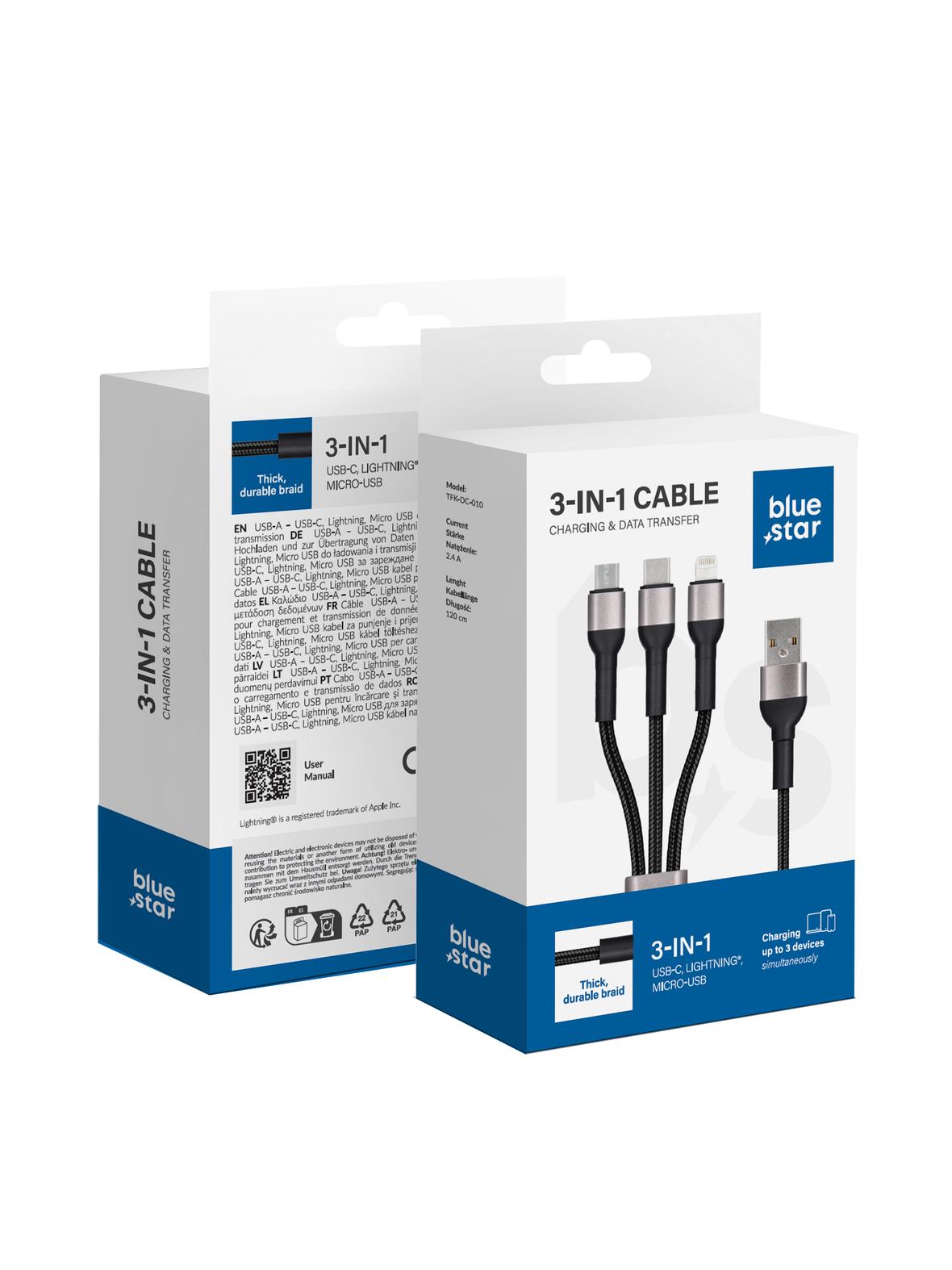 Kabel 3w1 USB A do Lightning / Micro USB / USB C Blue Star 2,4A z oplotem 1,2 m TFK-DC-010 czarny
