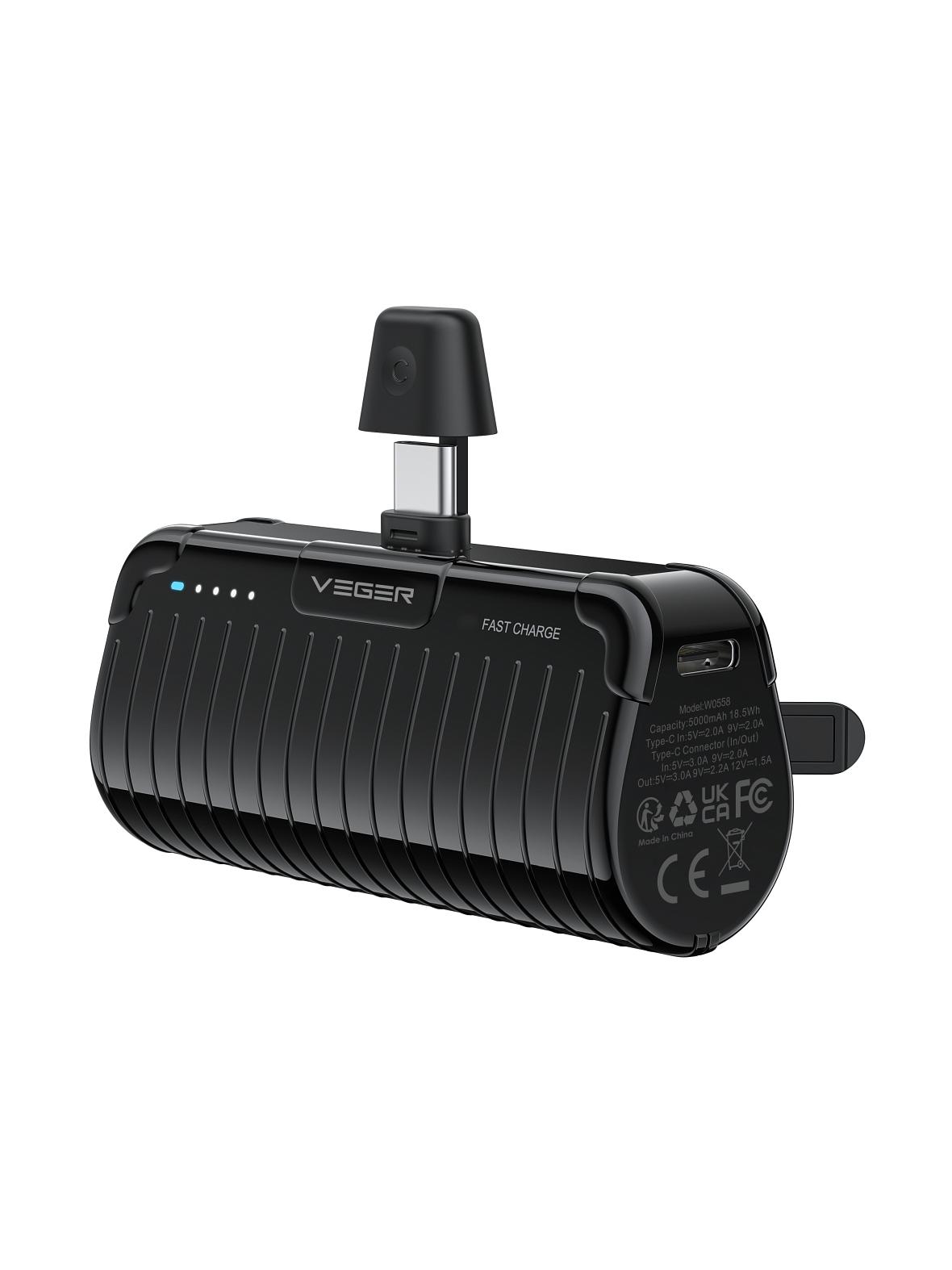 Powerbank Veger PlugOn (W0558) PD QC3.0 3A 20W 5000 mAh z wbudowanym złączem Typ C czarny