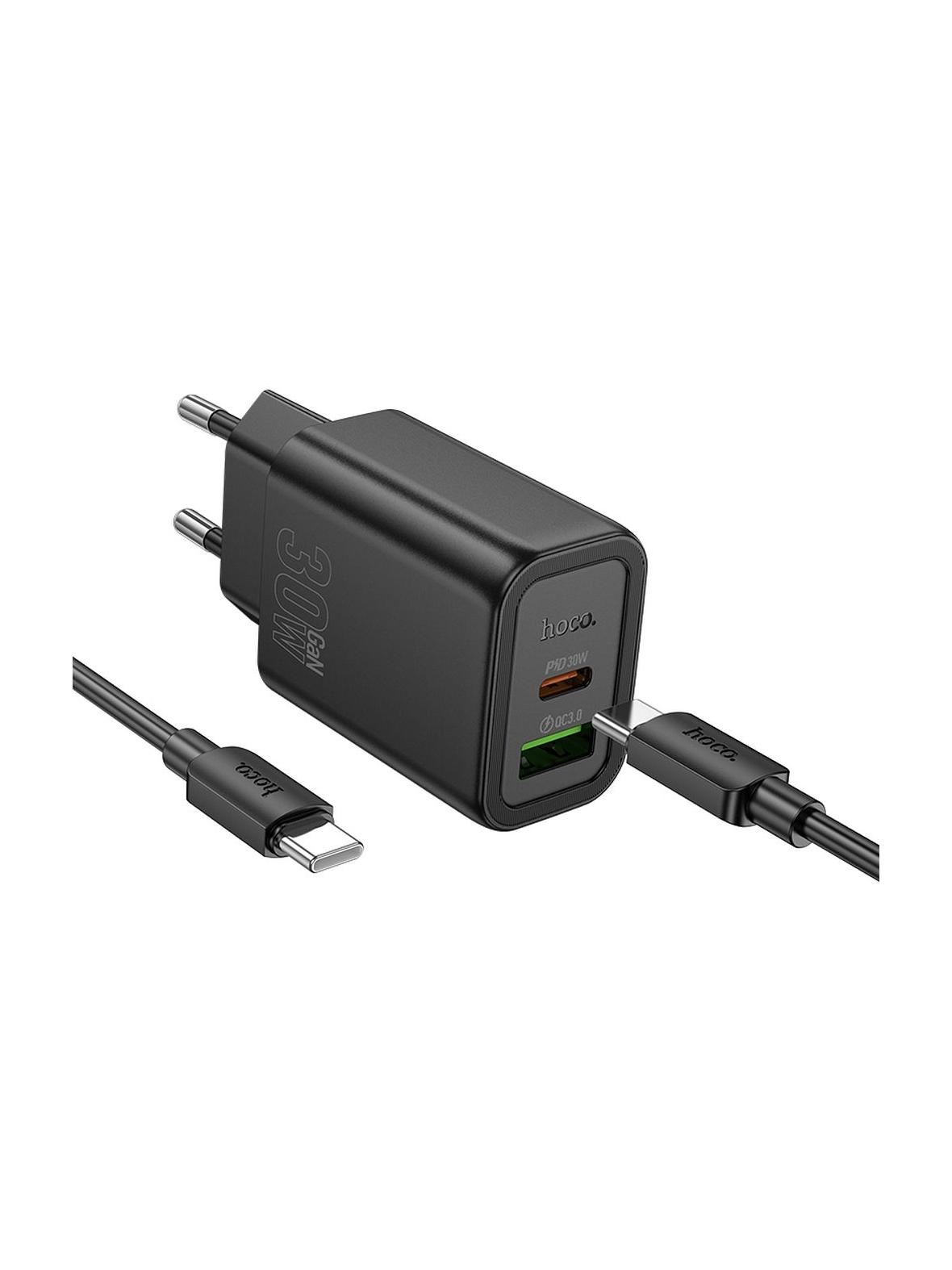 Ładowarka sieciowa do telefonu Hoco USB A + USB C QC3.0 PD 3A 30W + kabel USB C do USB C N63 czarna