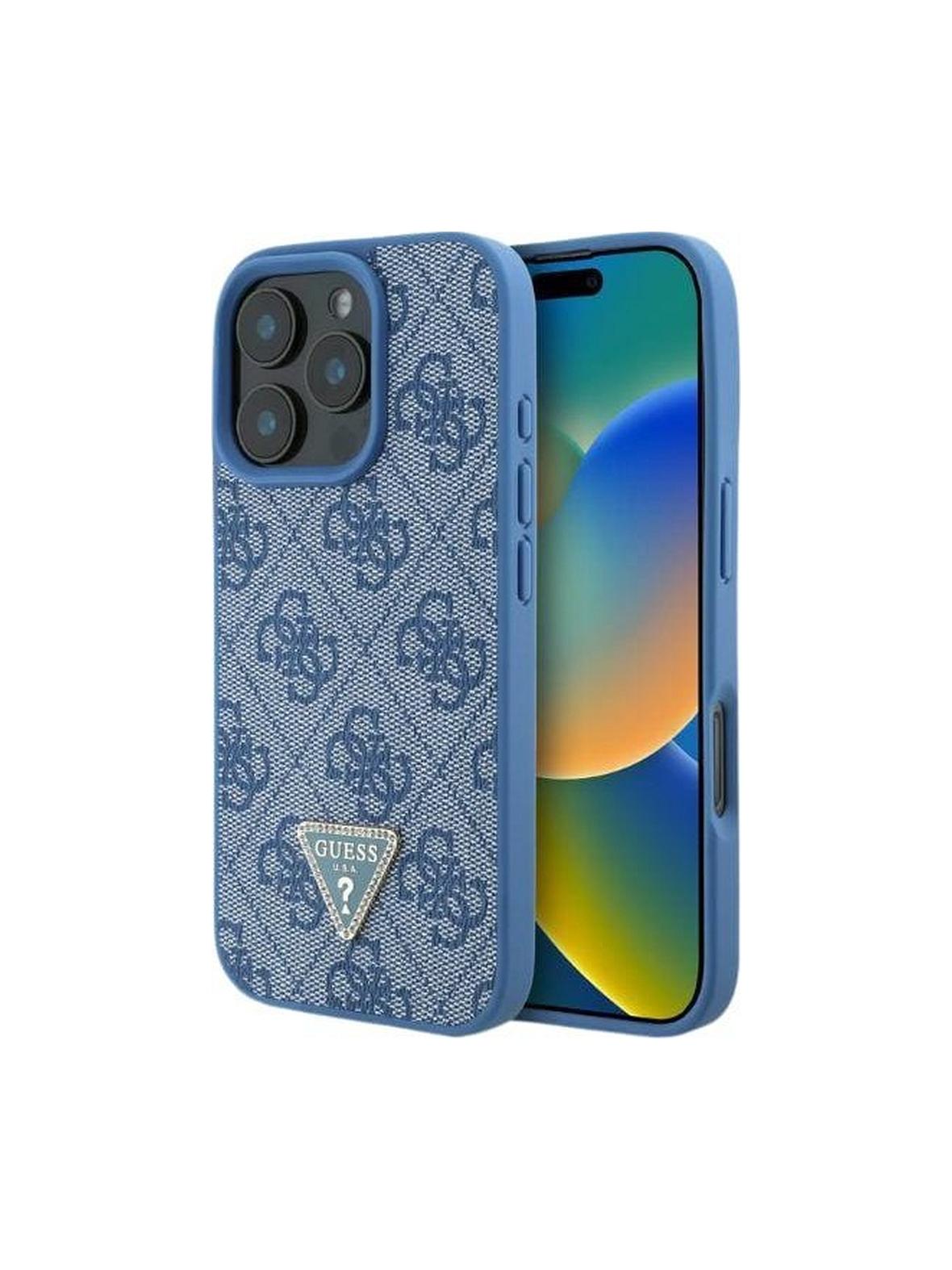 GUESS futerał do IPHONE 16 GUHCP16SP4TDPB (PU Leather 4G Triangle Strass) niebieski