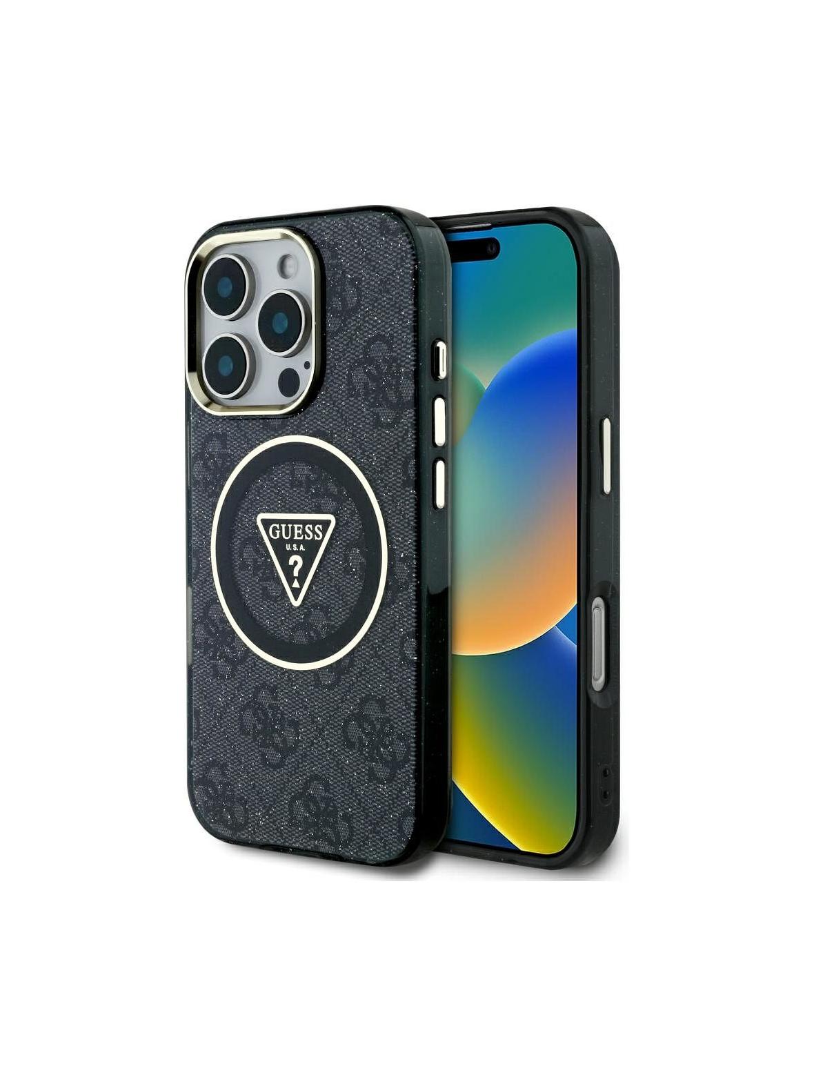 GUESS futerał do IPHONE 16 Pro Max kompatybilny z MagSafe GUHMP16XHG4PRTGK (IML Metal Glitter 4G Circle Triangle) czarny