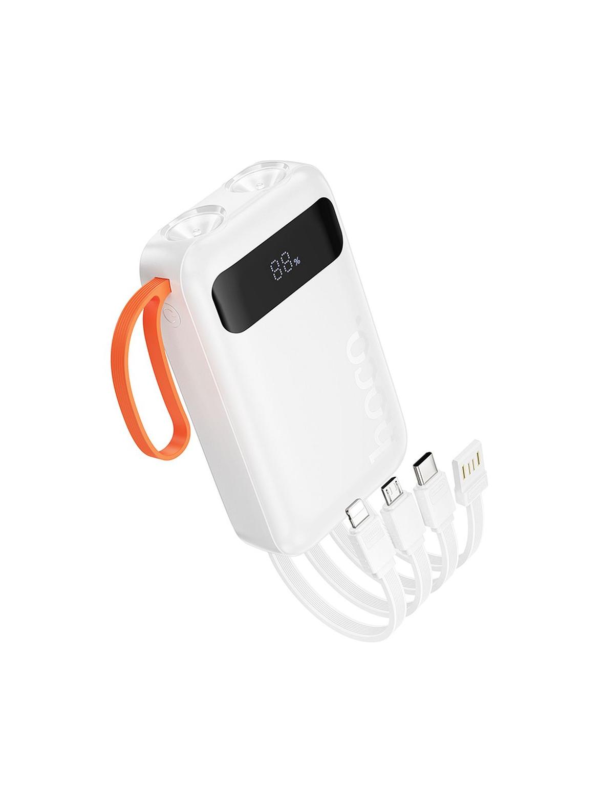Powerbank Hoco 10000 mAh 2A z wbudowanymi kablami USB A + USB C + Lightning + Micro USB oraz podwójną latarką J151 biały