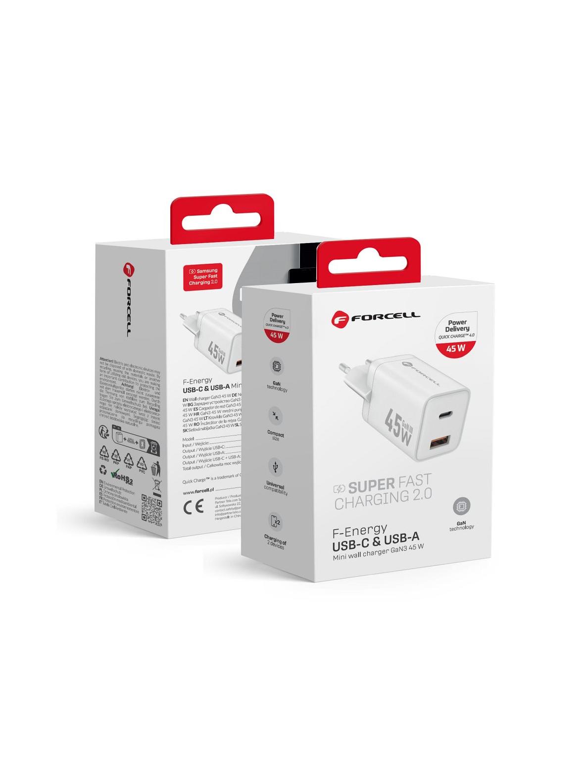 Ładowarka sieciowa do telefonu Forcell F-Energy Mini GaN III USB C + USB A PD QC4.0 45W VT-36 biała