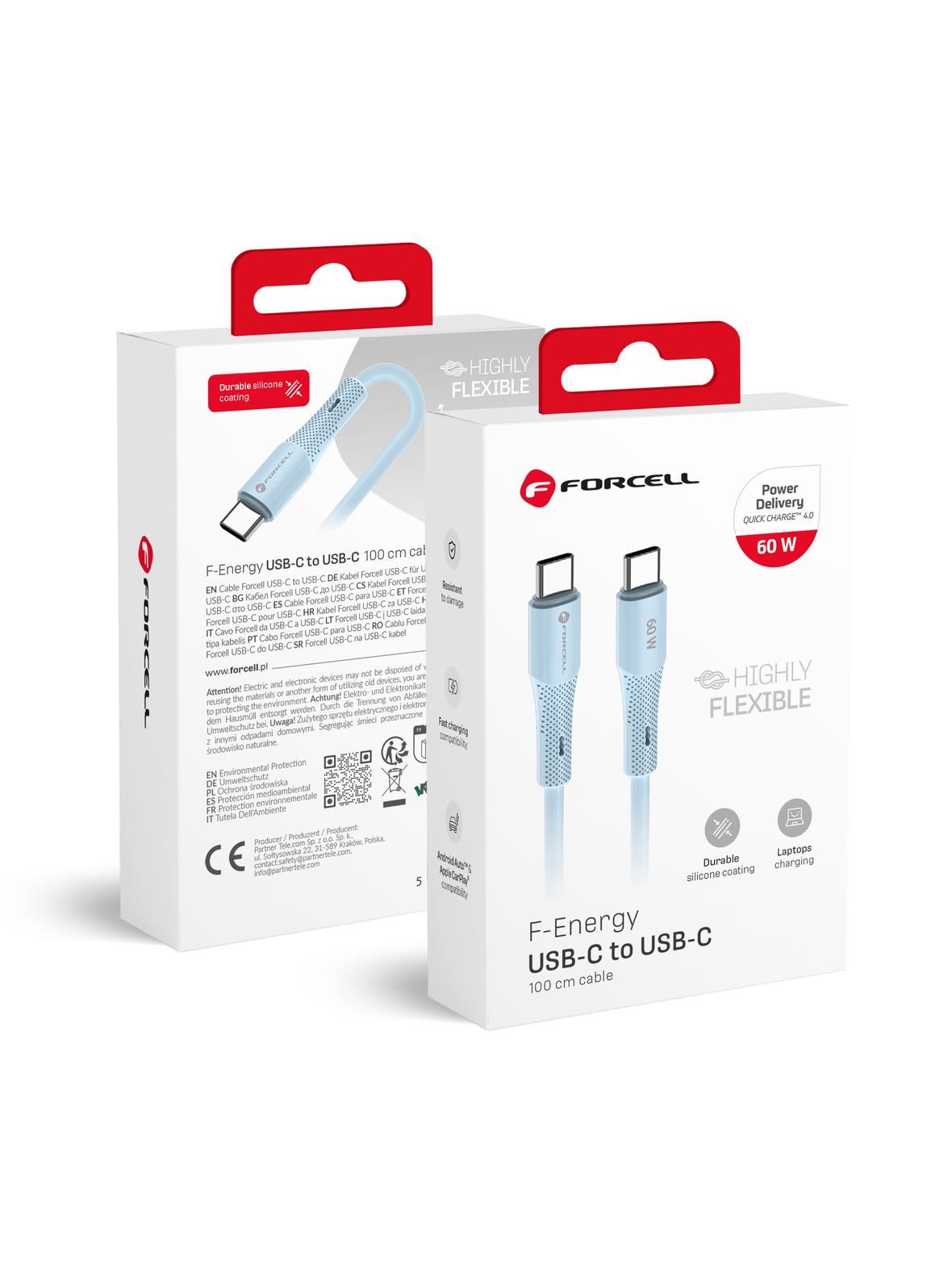 Kabel USB C do USB C Forcell F-Energy QC4.0 PD 3A 60W Silicone 1 m C344 niebieski