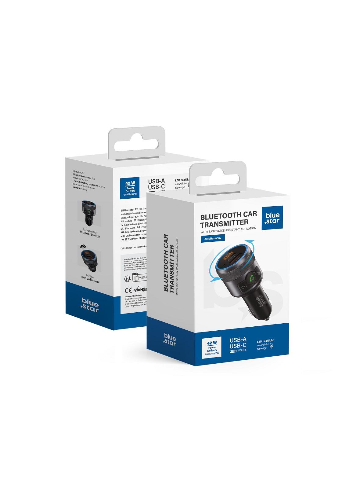 Transmiter samochodowy bluetooth Blue Star AutoHarmony QC3.0 PD 42W C81 szary