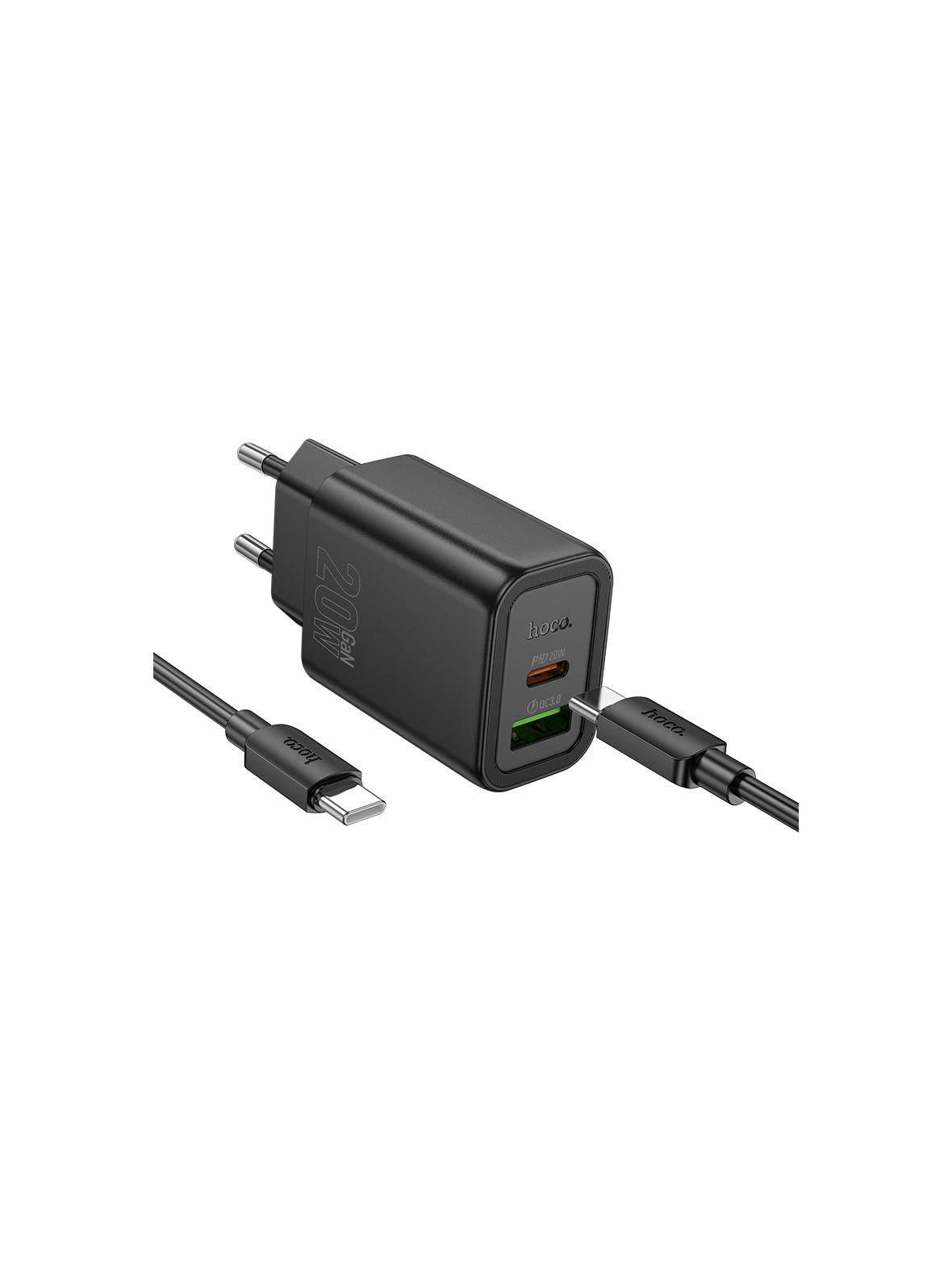 Ładowarka sieciowa do telefonu Hoco USB A + USB C QC3.0 PD 3A 20W + kabel USB C do USB C N61 czarna