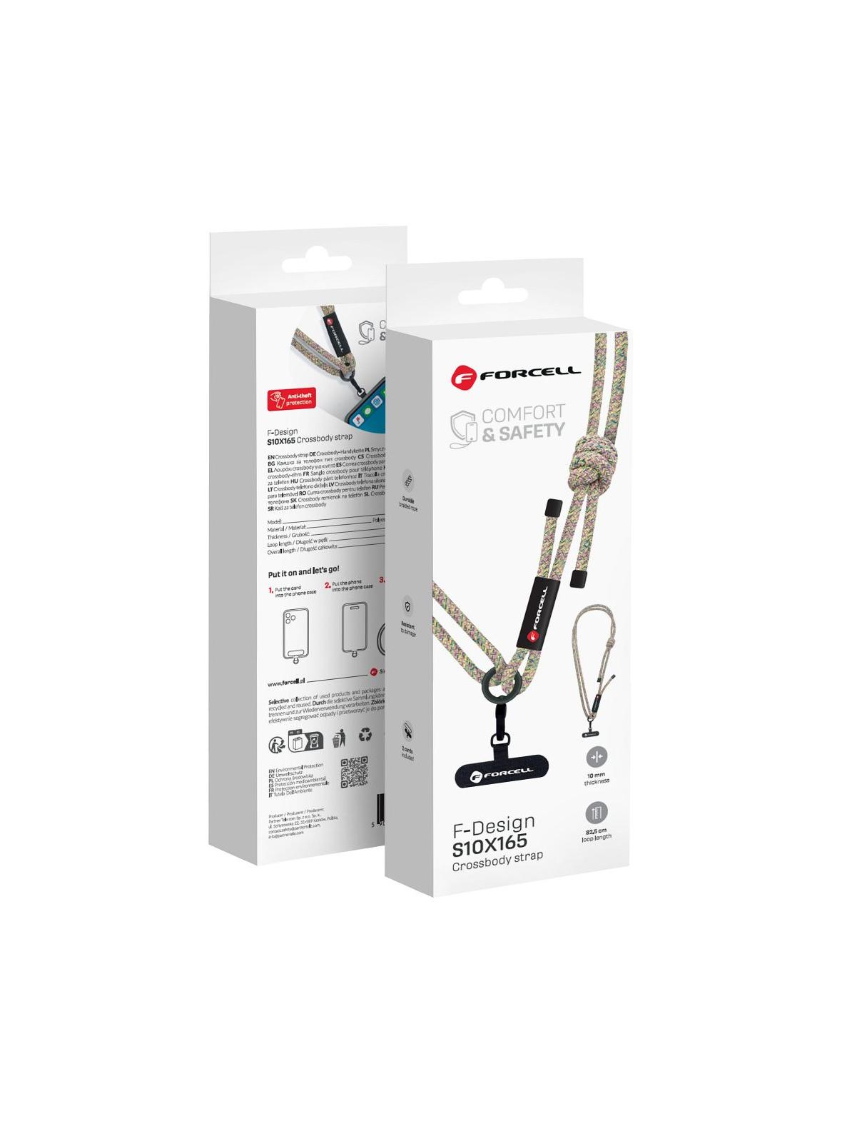 Smycz do telefonu crossbody z regulacją długości Forcell F-Design S10X165 (max 82,5cm w pętli) zielono różowo fioletowa
