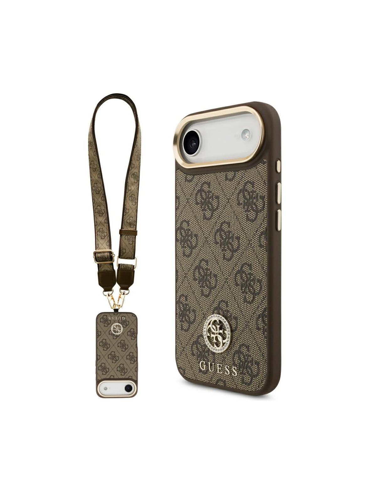GUESS futerał do IPHONE 17 Air kompatybilny z MagSafe GUHMP17MP4G4DCSW (PU W/ Strass Logo & Big Strap Metal Buttons) brązowy