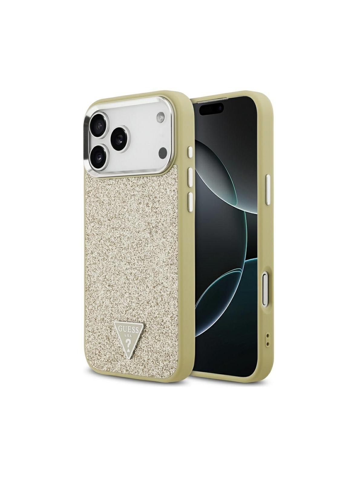 GUESS futerał do IPHONE 17 Pro Max kompatybilny z MagSafe GUHMP17XPFGTSCMD (PU Glitter W/ Triangle Logo) złoty
