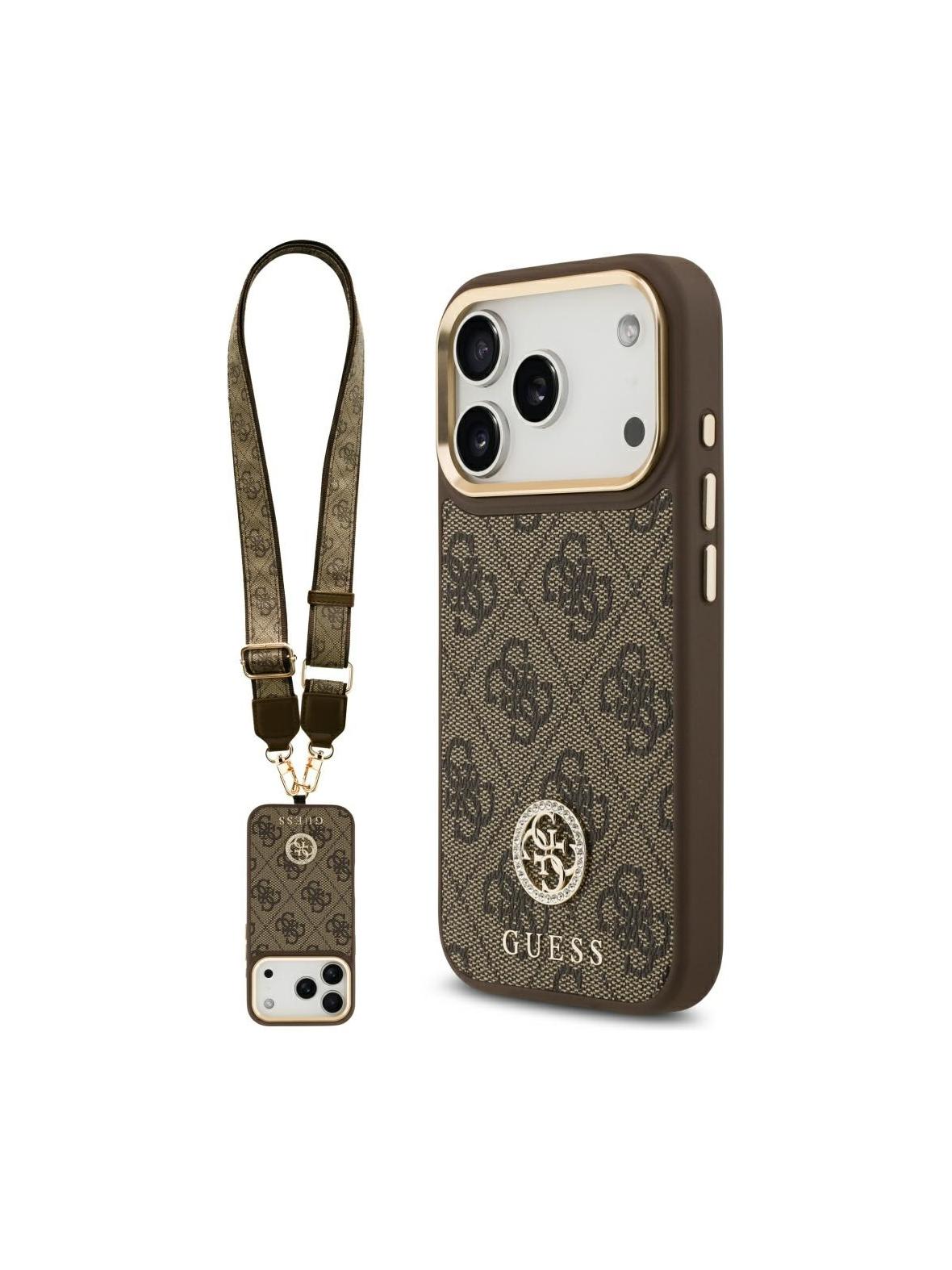 GUESS futerał do IPHONE 17 Pro kompatybilny z MagSafe GUHMP17LP4G4DCSW (PU W/ Strass Logo & Big Strap Metal Buttons) brązowy