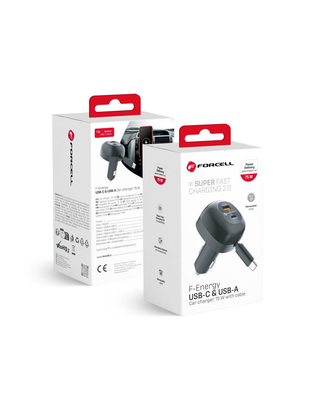 Ładowarka samochodowa Forcell F-Energy Alu USB C + USB A + zwijany kabel USB C PD QC4.0 SFC2.0 3A 75W czarna