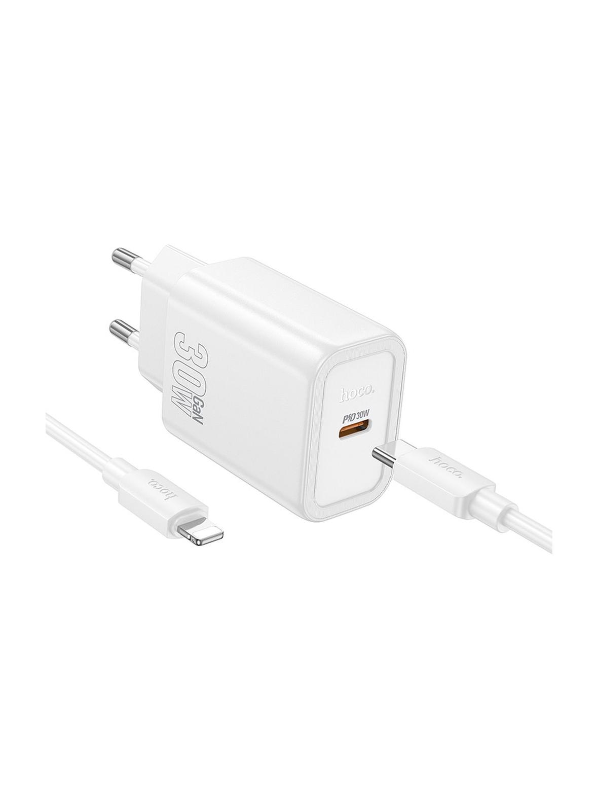 Ładowarka sieciowa do telefonu Hoco USB C QC PD 30W + kabel USB C do Lightning N62 biała