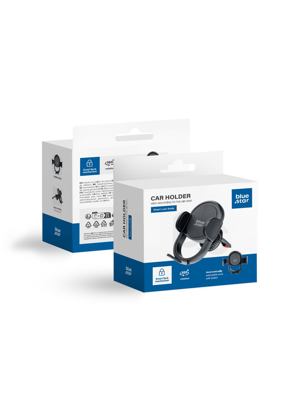 Uchwyt na telefon do samochodu grawitacyjny Blue Star Smart Lock Smile do kratki czarny