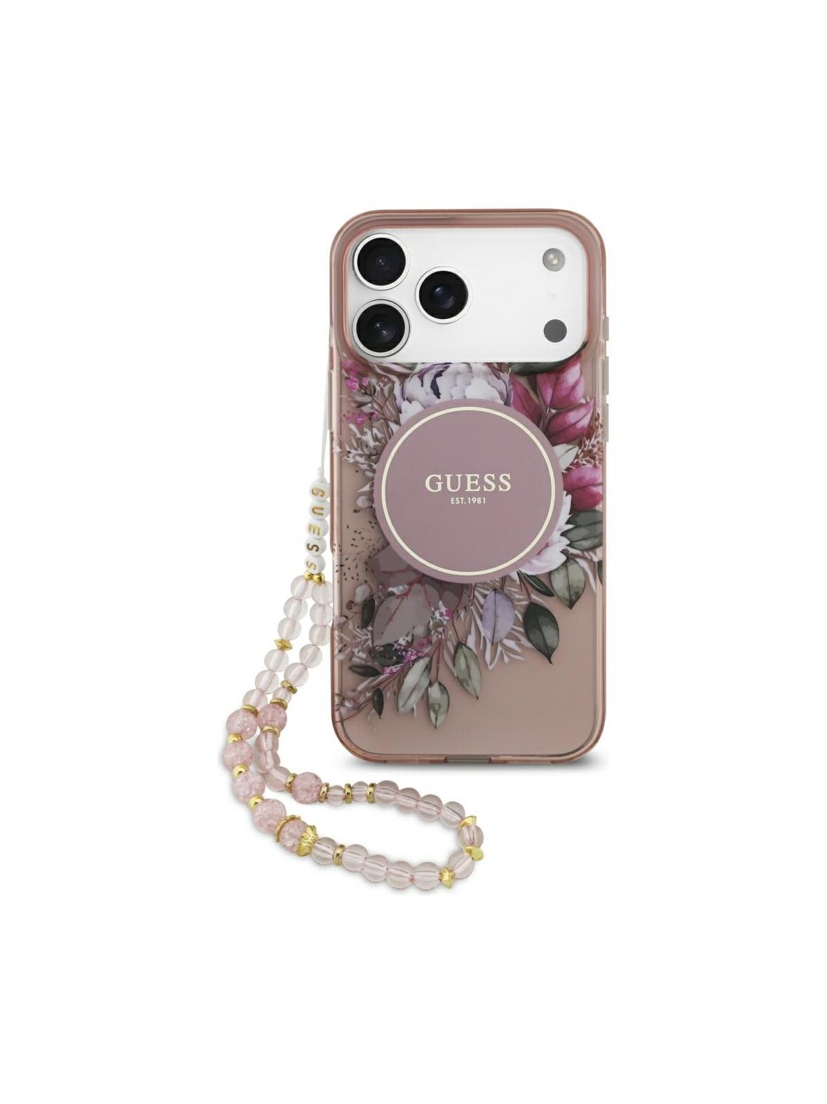 GUESS futerał do IPHONE 17 Pro Max kompatybilny z MagSafe GUHMP17XHFWBRCESP (IML Flowers with Pearl Strap) różowy