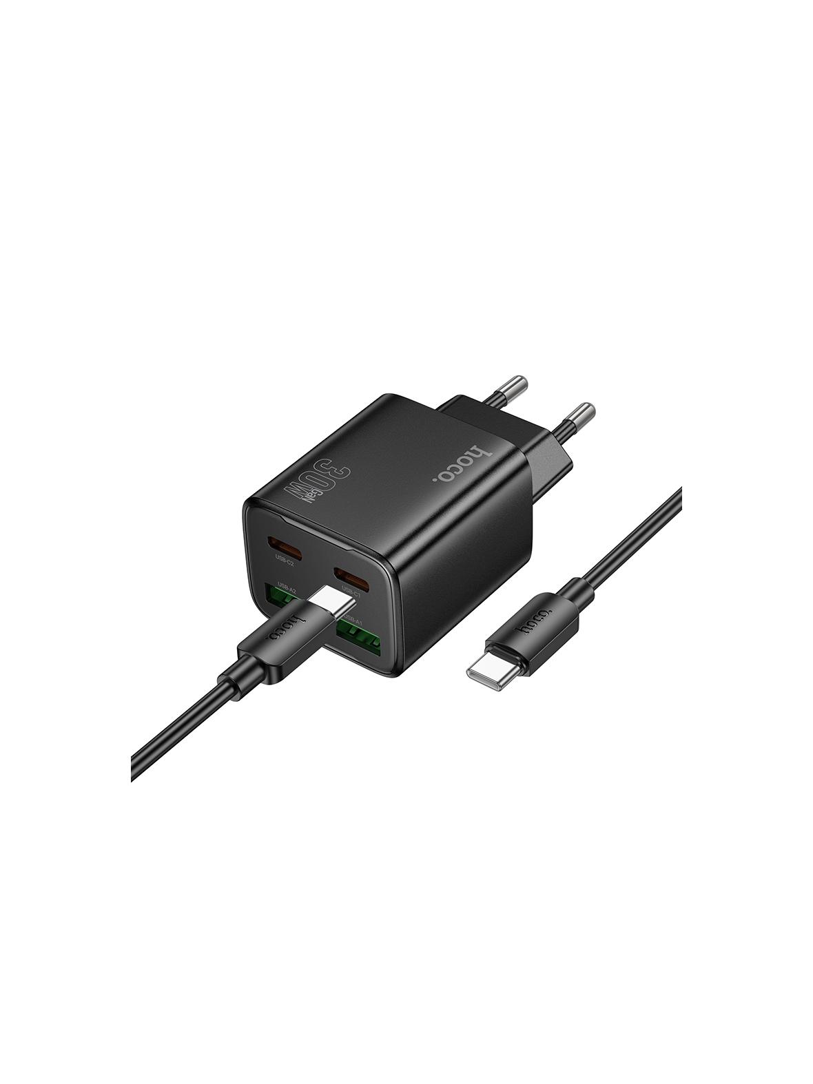 Ładowarka sieciowa do telefonu Hoco 2 x USB C + 2 x USB A QC3.0 PD 3A 30W + kabel USB C do USB C N56 czarna