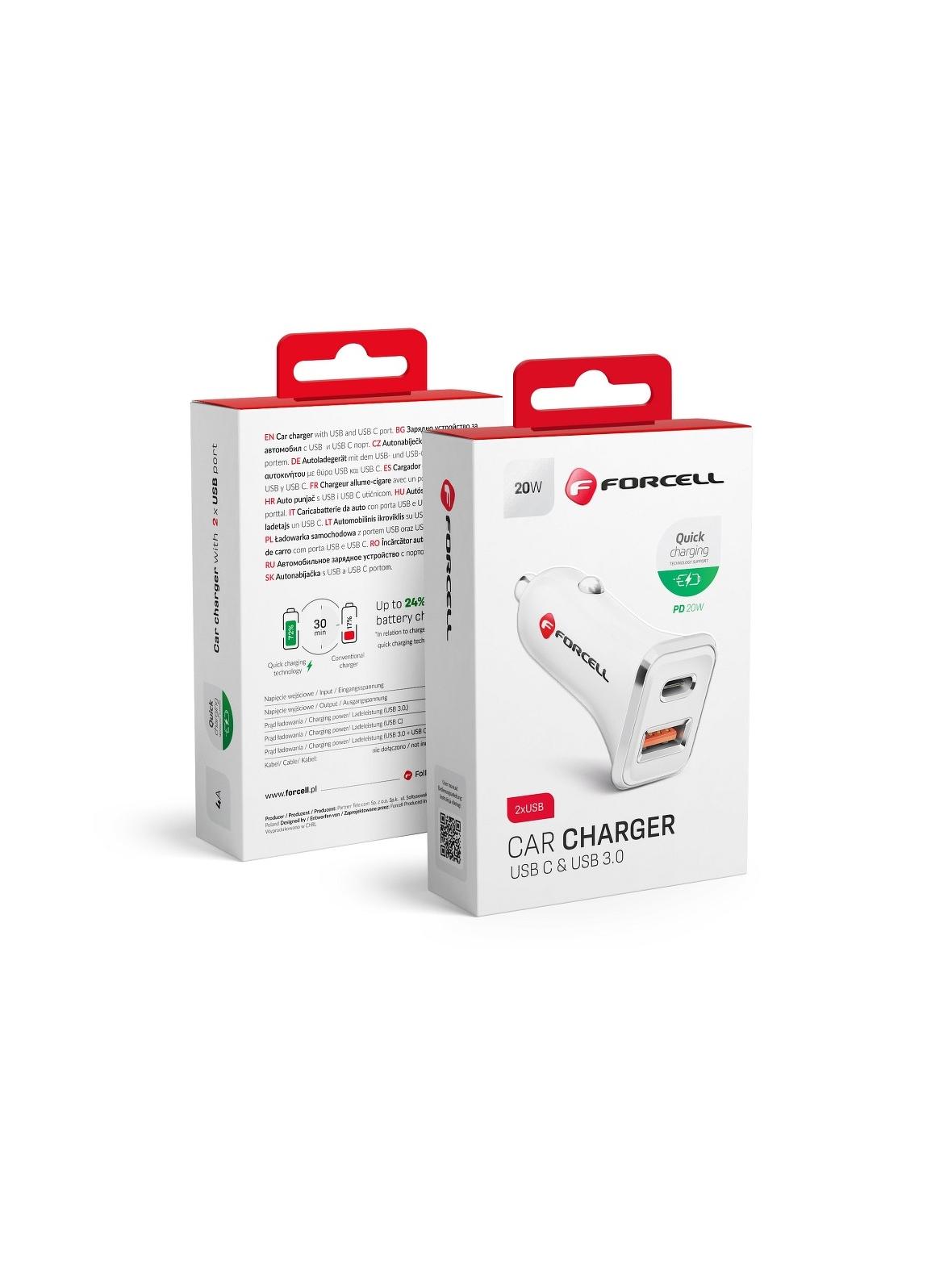 FORCELL ładowarka samochodowa USB 3.0 + USB C Quick Charging + Power Delivery PD20W 4A CC-QCPD01 biała
