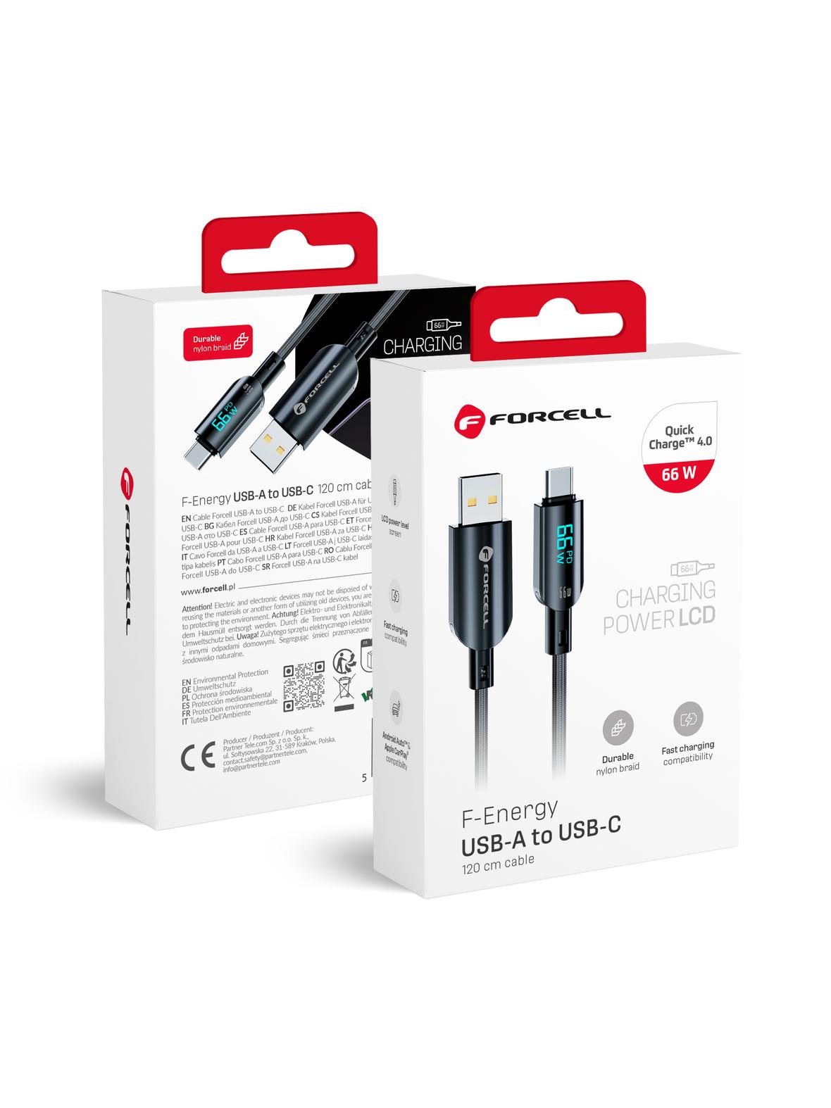 Kabel USB A do USB C Forcell F-Energy QC4.0 PD 3A 66W Digital 1,2 m C272 czarny