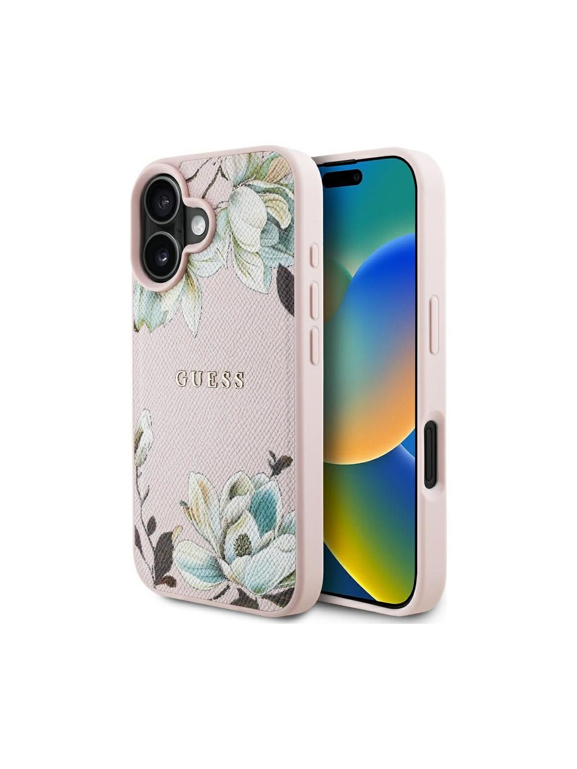 GUESS futerał do IPHONE 16 kompatybilny z MagSafe GUHMP16SPGNMPLMP (PU Grained Flowers Classic Logo) różowy
