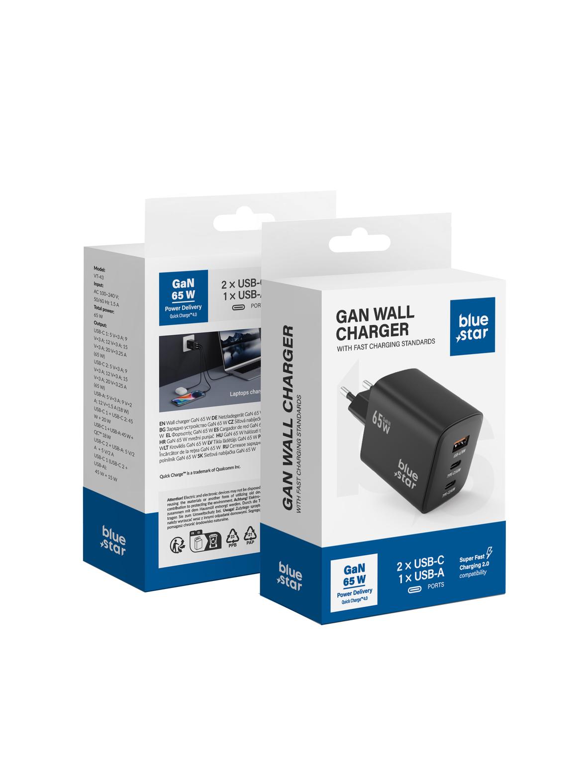 Ładowarka sieciowa do telefonu Blue Star GaN 2 x USB C + USB A QC4.0 PD 4A 65W VT-43 czarna