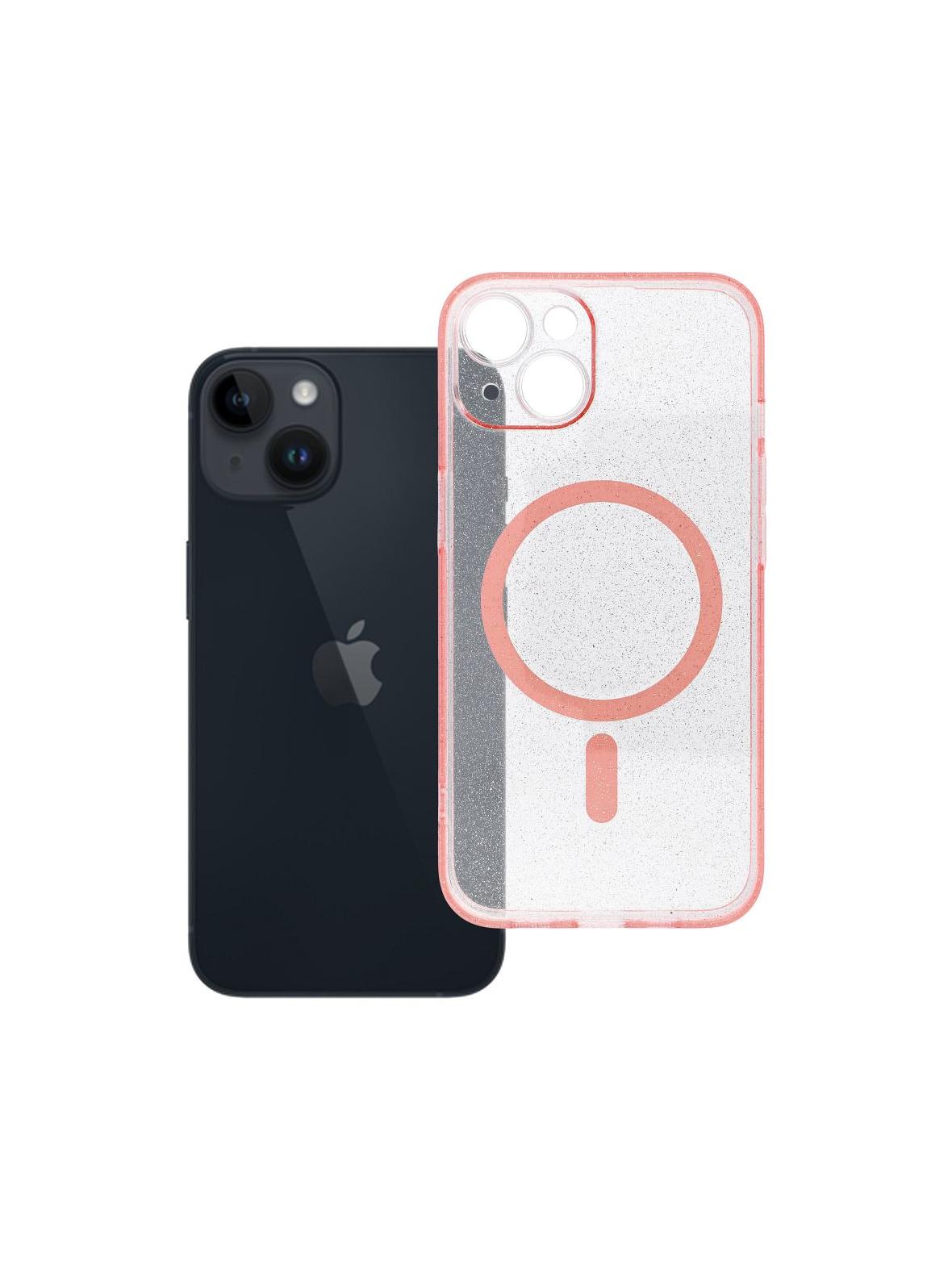 Futerał do iPhone 14 Clear Mag Cover (STR / CAMERA PROTECTION) zgodny z MagSafe  różowy glitter
