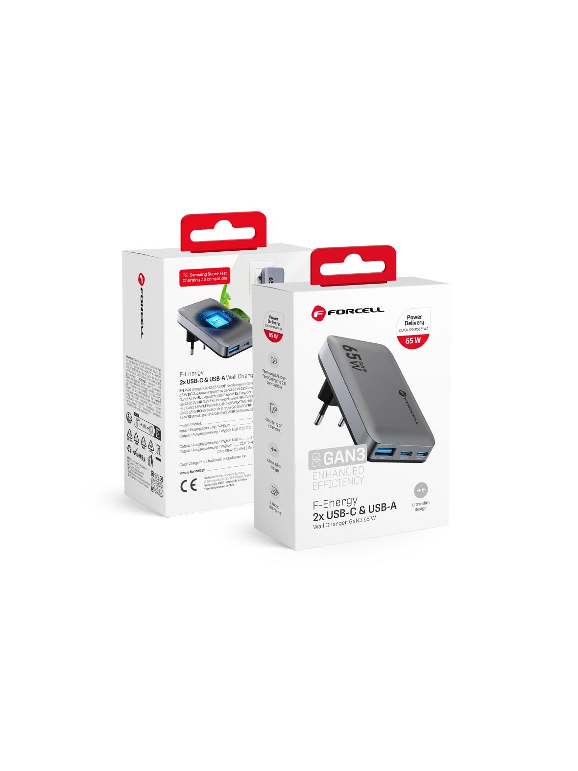 Ładowarka sieciowa do telefonu Forcell F-Energy Ultra Slim GaN III 2 x USB C + USB A QC4.0 PD 4A 65W VT-47 szara 0INT