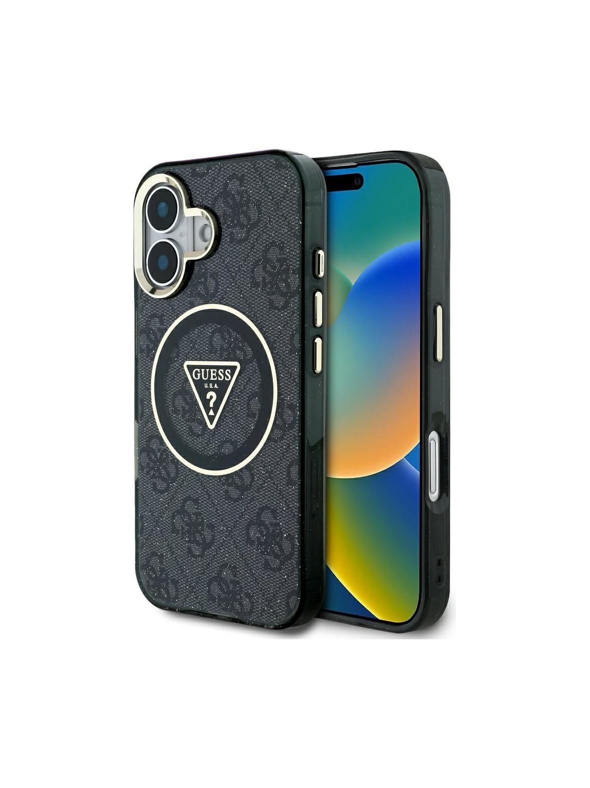 GUESS futerał do IPHONE 16 kompatybilny z MagSafe GUHMP16SHG4PRTGK (IML Metal Glitter 4G Circle Triangle) czarny
