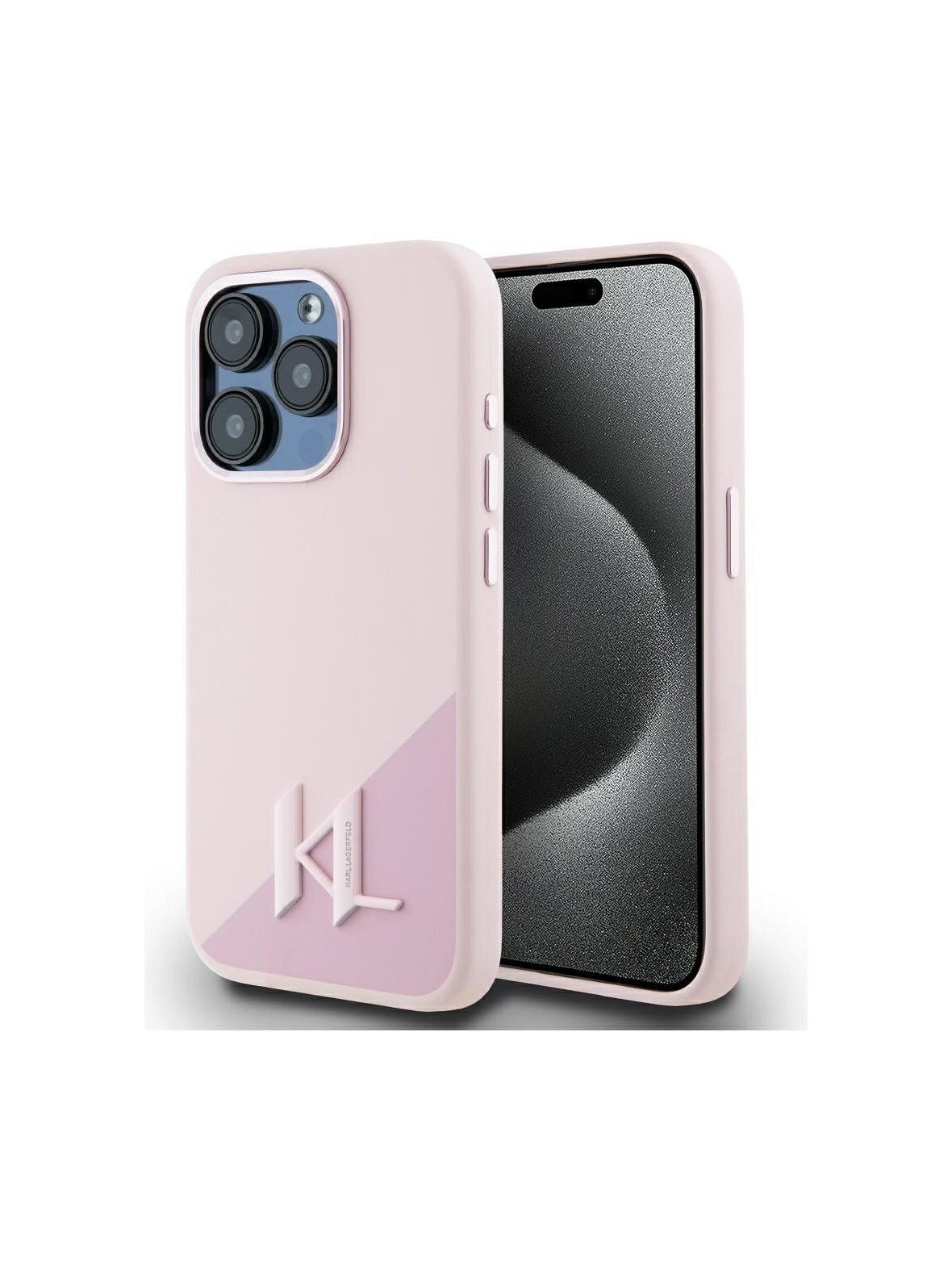 KARL LAGERFELD futerał do IPHONE 15 Pro kompatybilny z MagSafe KLHMP15LSCMKMPCP (Silicone Initial Metal Logo) różowy