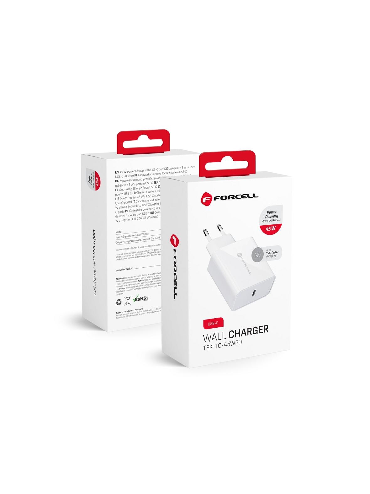 Ładowarka sieciowa do telefonu Forcell F-Energy USB C QC4.0 PD 3A 45W TFK-TC-45WPD biała