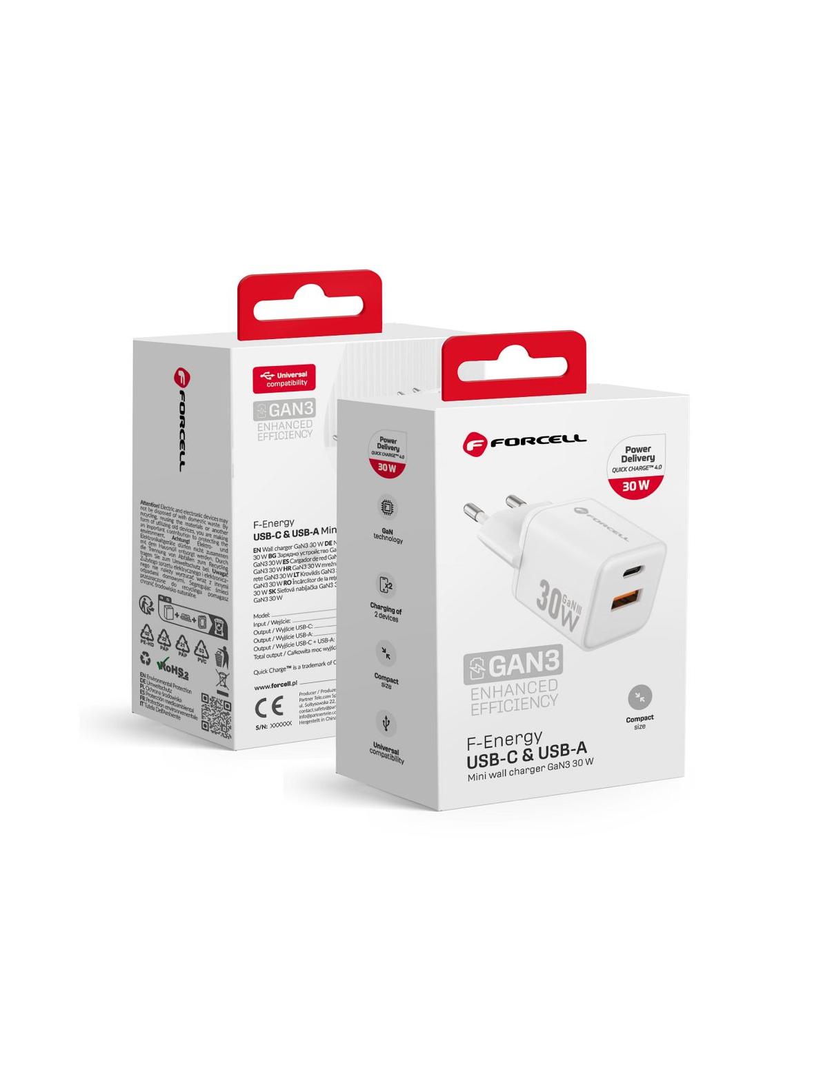 Ładowarka sieciowa do telefonu Forcell F-Energy Mini GaN III USB C + USB A QC4.0 PD 30W VT-35 biała 0INT