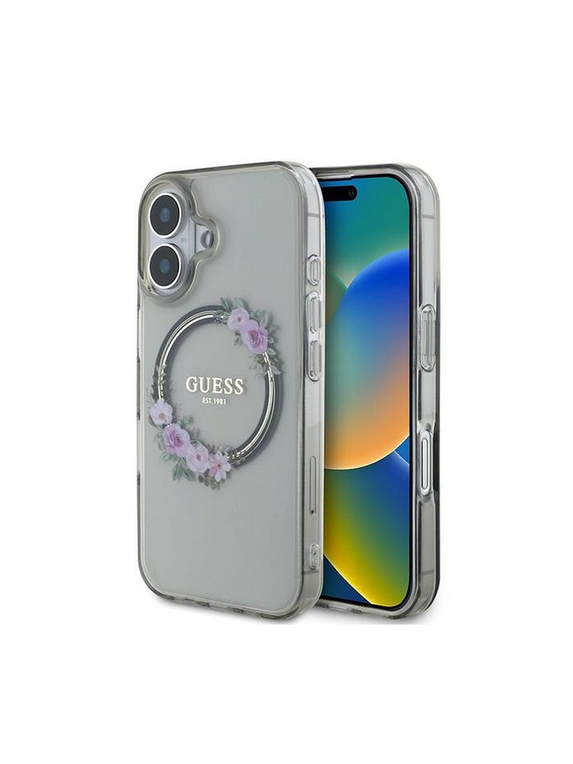 GUESS futerał do IPHONE 16 kompatybilny z MagSafe GUHMP16SHFWFCK (IML Flowers Wreath) czarny