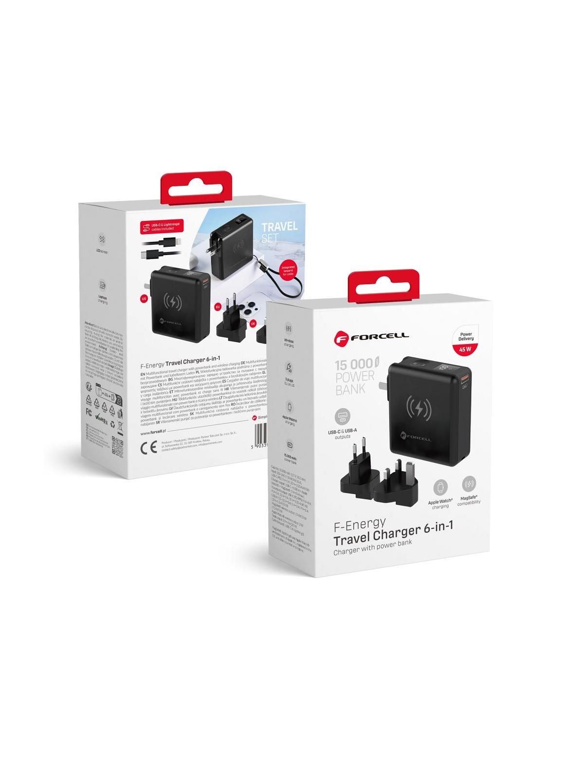 Wielofunkcyjna ładowarka Forcell F-Energy 6w1 USB A + USB C PD 45W + power bank 15000 mAh + ładowanie bezprzewodowe 15W czarna