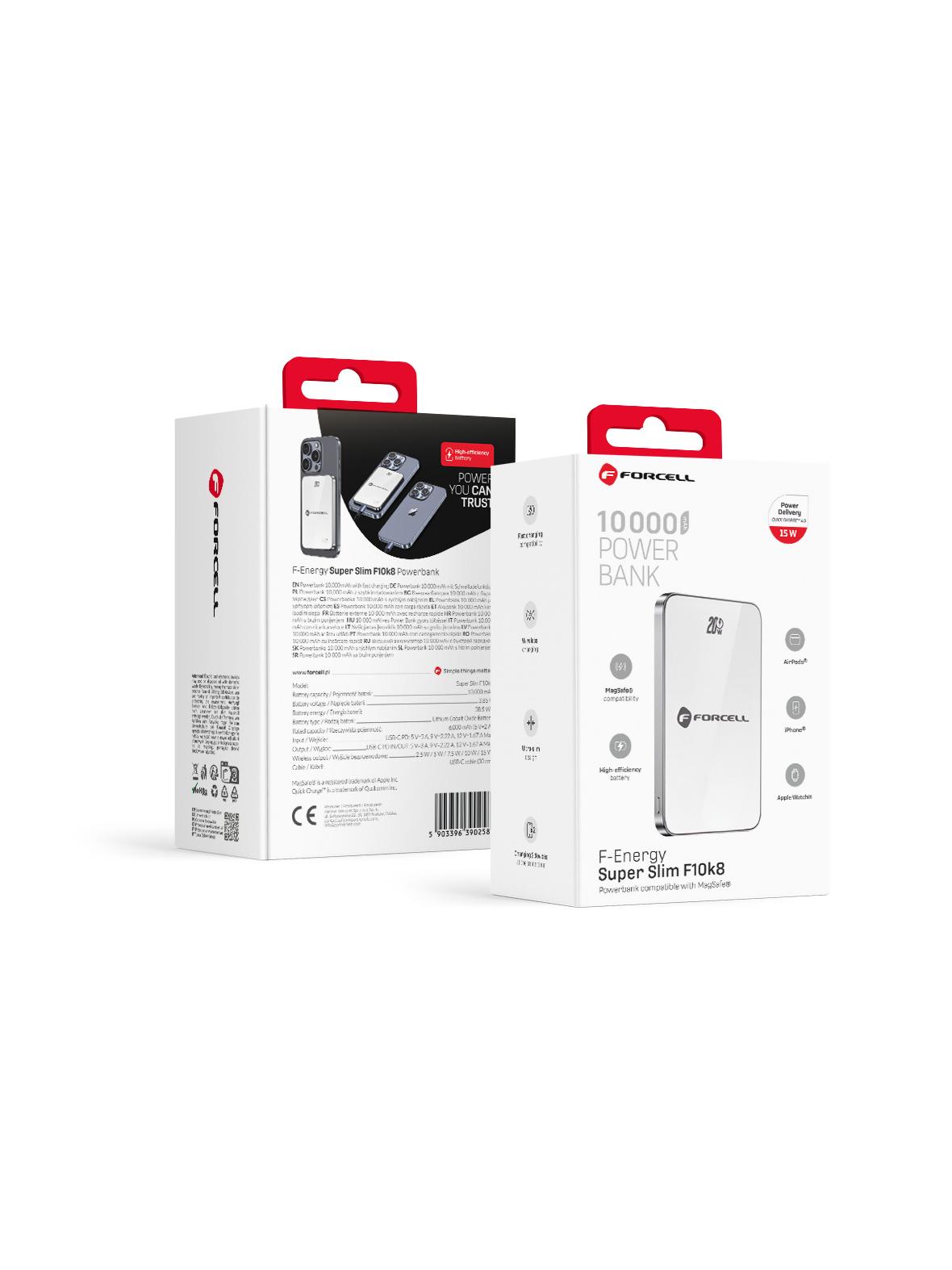Powerbank zgodny z MagSafe Forcell F-Energy SuperSlim F10K8 QC4.0 PD3.0 15W 10000 mAh biały 0INT