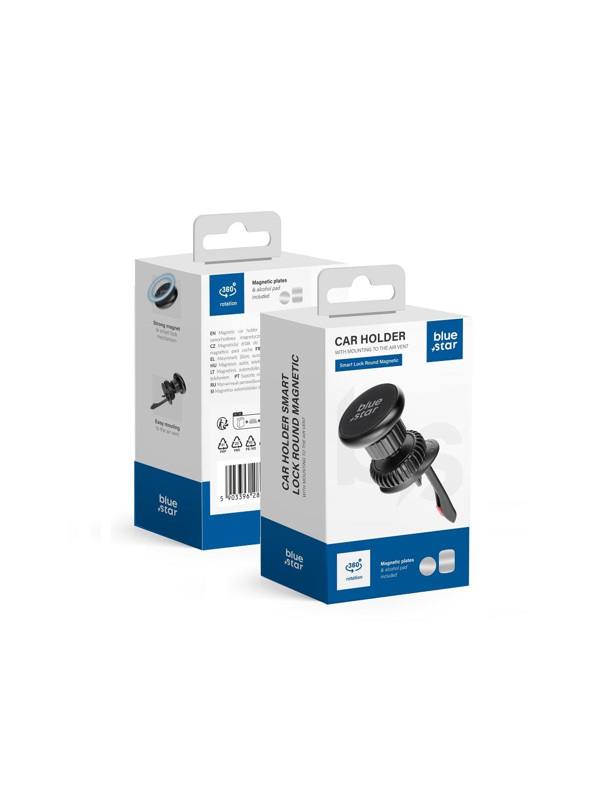 Uchwyt na telefon do samochodu magnetyczny Blue Star Smart Lock Round Magnetic do kratki czarny