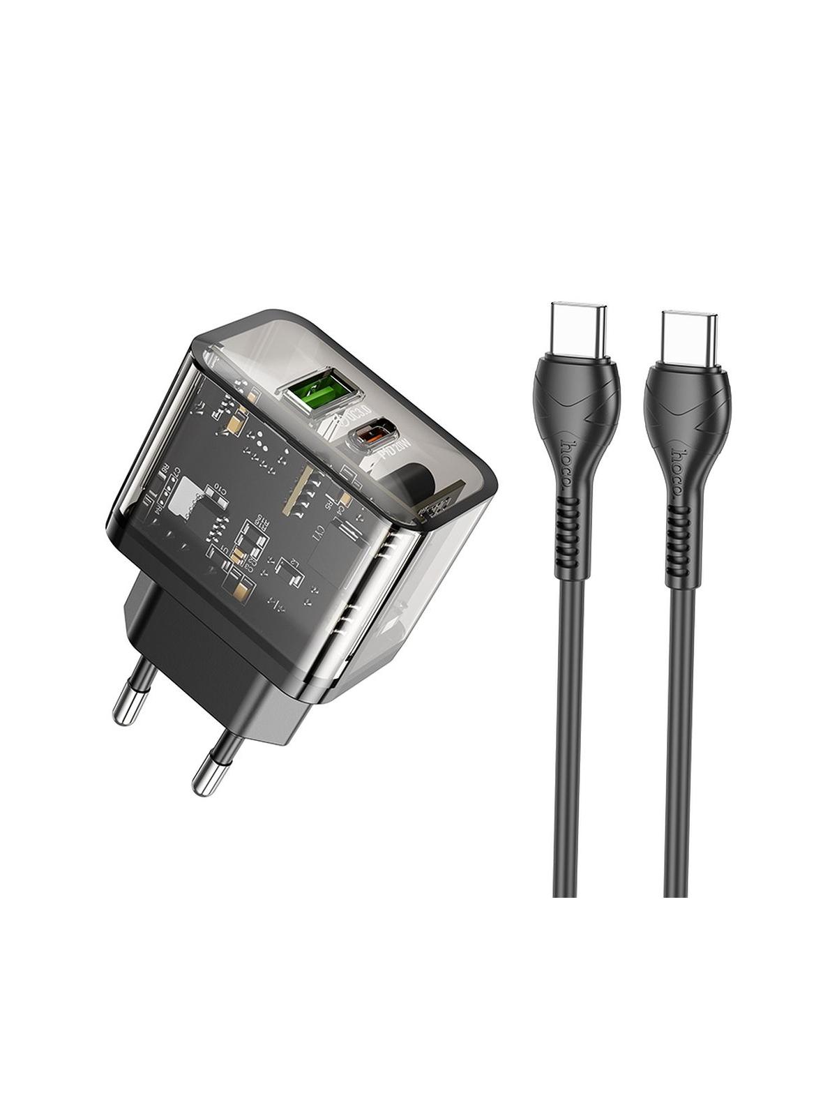 Ładowarka sieciowa do telefonu Hoco USB A + USB C QC3.0 PD 3A 20W + kabel USB C do USB C N34 transparentna