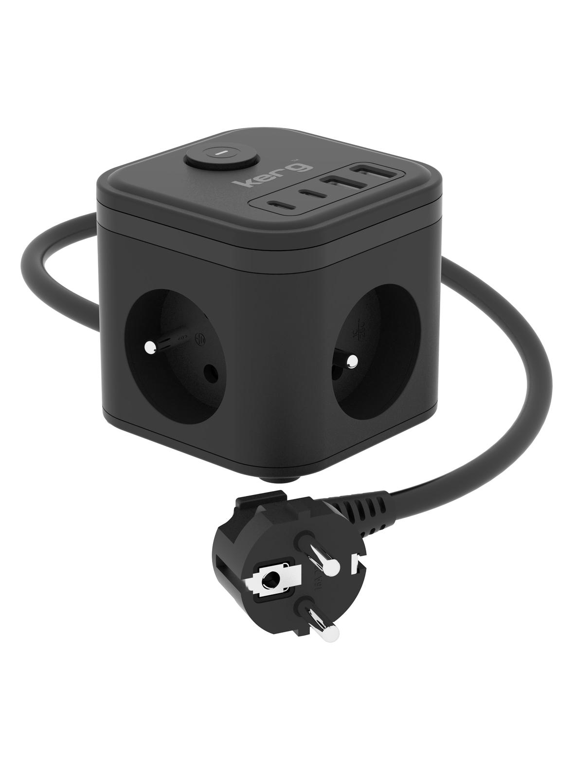 KERG Kostka zasilająca 3-gniazdowa + szybka ładowarka USB-A+USB-C 1,5m 3×1,5mm2 H05VV-F 16A/250V~ Smart czarna