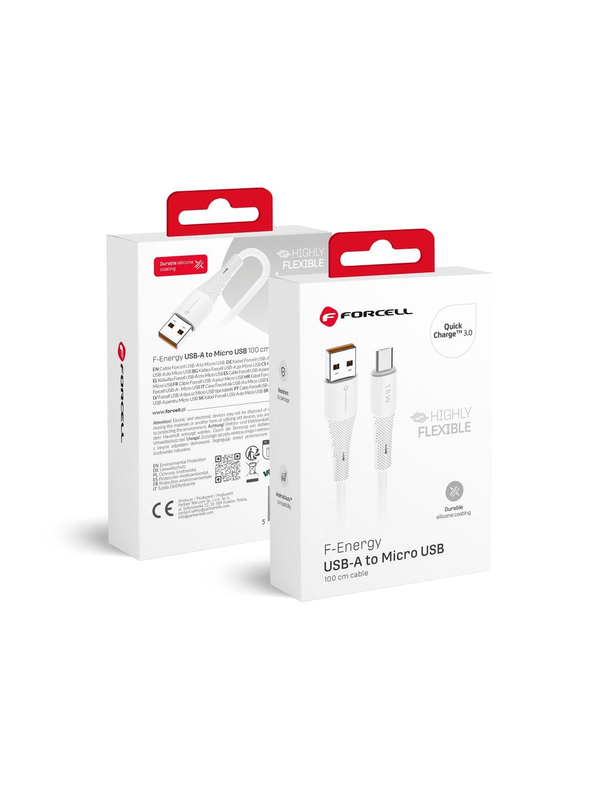 Kabel USB A do Micro USB Forcell F-Energy QC3.0 2,4A 18W Silicone 1 m C341 biały