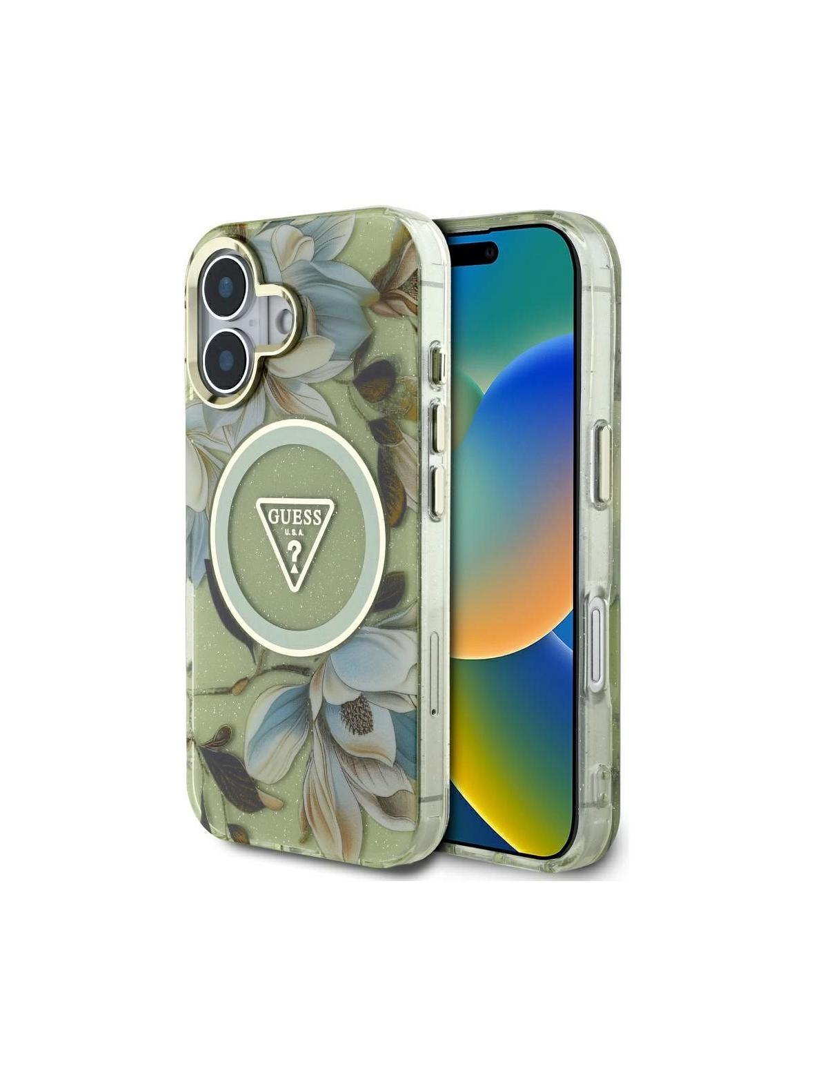 GUESS futerał do IPHONE 16 kompatybyliny z MagSafe GUHMP16SHFLPEDN (IML Metal Glitter Flowers Triangle) zielony