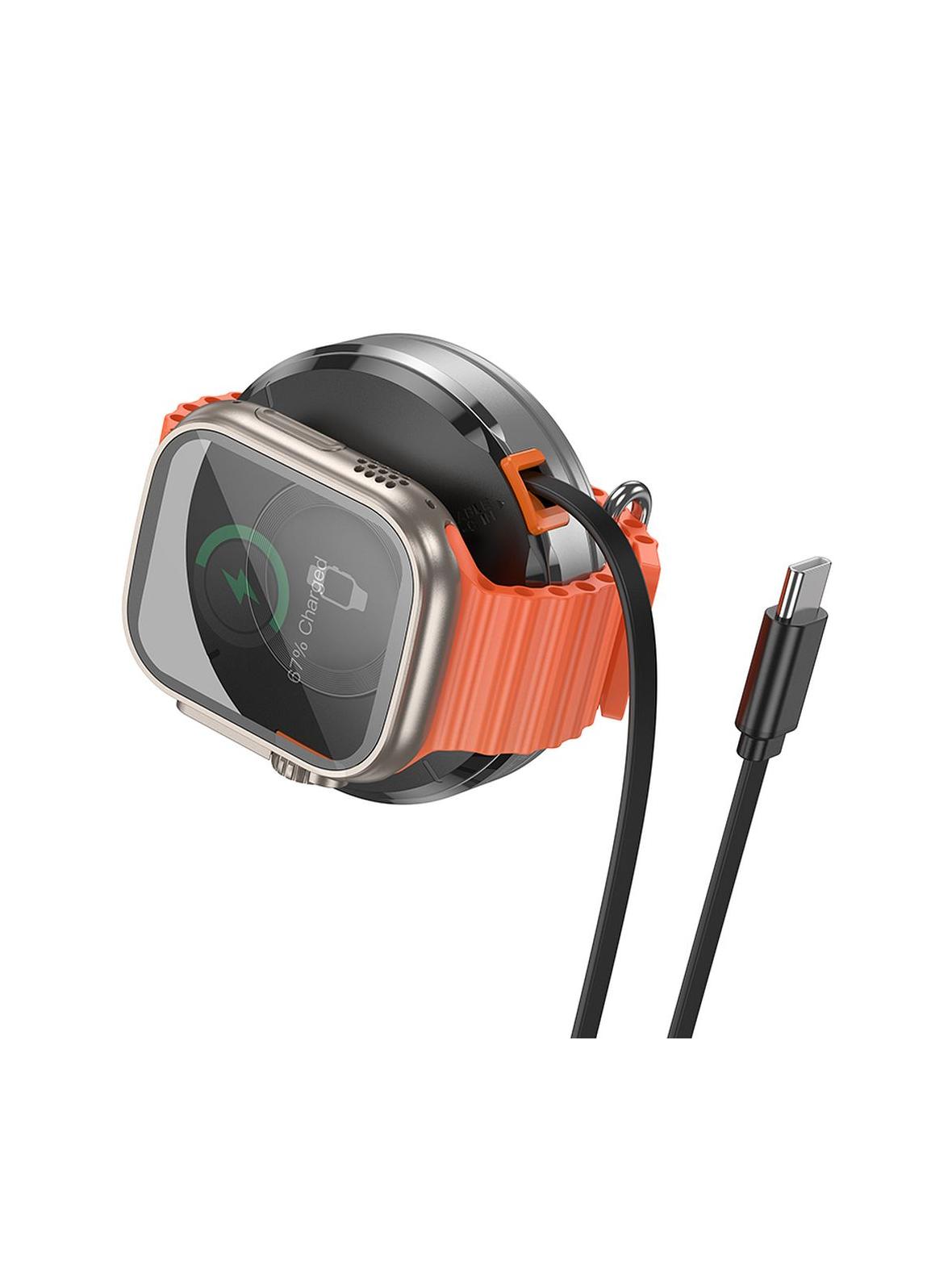 Ładowarka indukcyjna Hoco 15W z chowanym kablem USB C zgoda z MagSafe i Apple Watch CQ18 srebrna