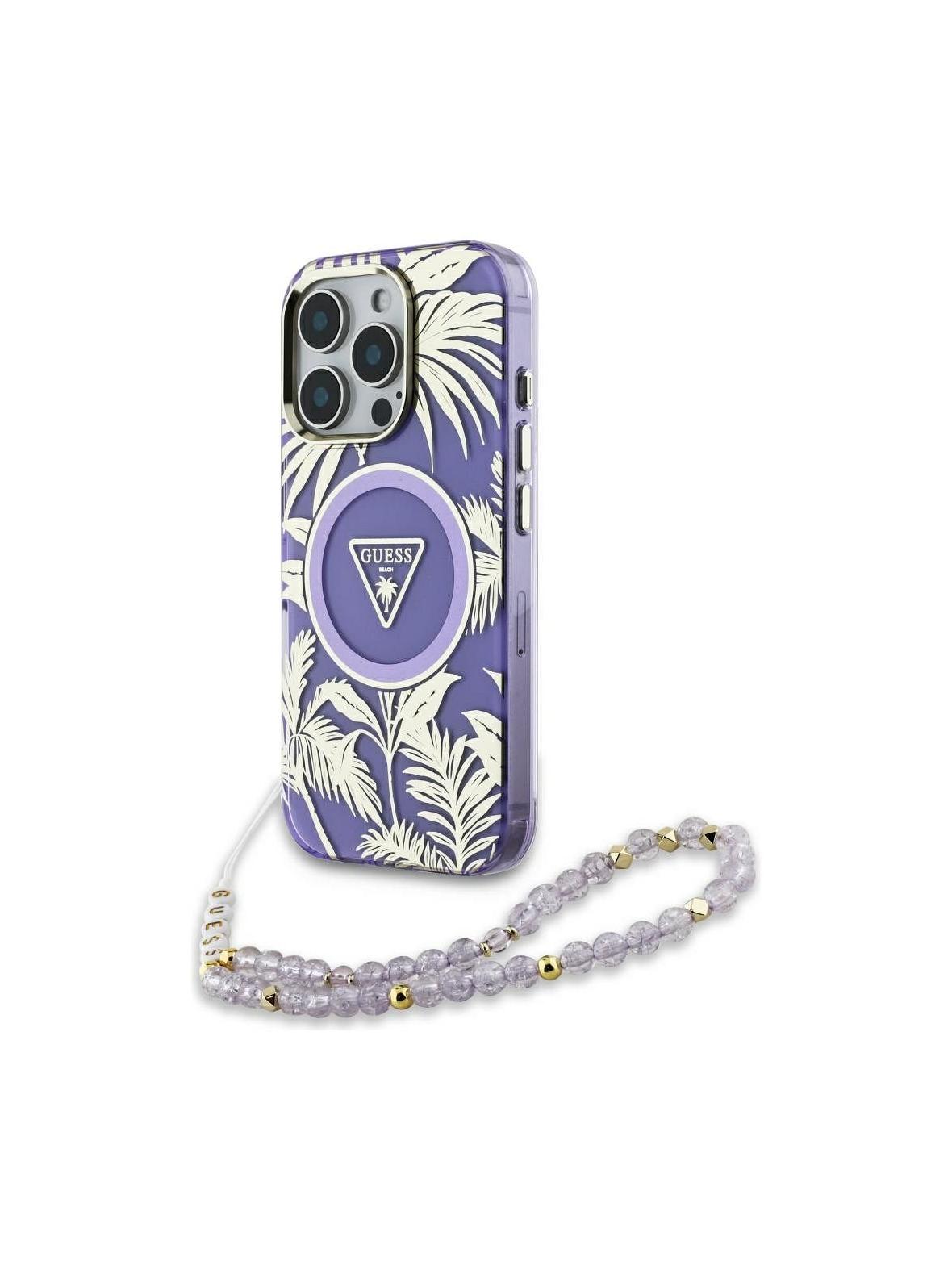 GUESS futerał do IPHONE 16 Pro kompatybilny z MagSafe GUHMP16LHPCTPLSU (IML Palm Trees Triangle W/ Pearl Strap) fioletowy