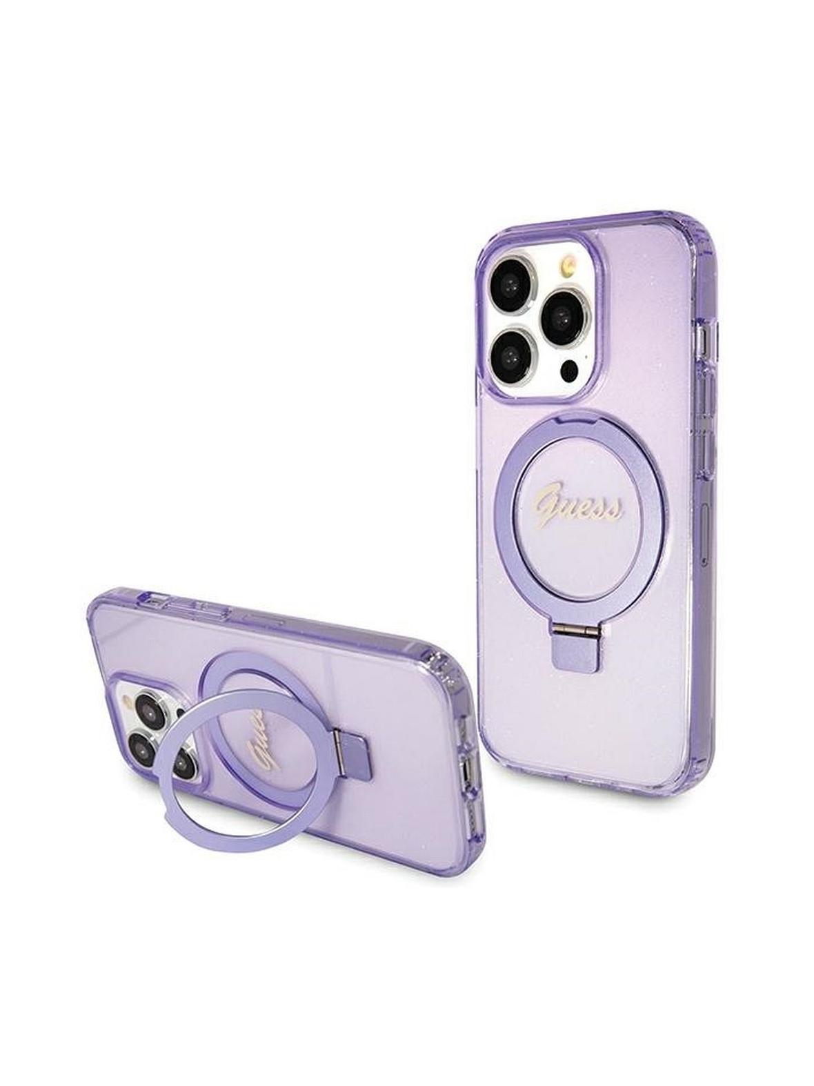 GUESS futerał do IPHONE 15 Pro kompatybilny z MagSafe GUHMP15LHRSGSU (Glitter Script Logo Ring stand) fioletowy